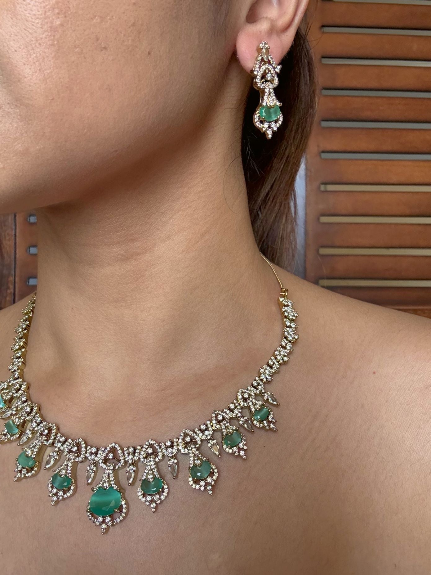 Buy Dewdrop Radiance AD Necklace In Mint Green online in India. Shop from an exclusive range of jewellery, AD necklace, Kundan necklace for weddings. -side