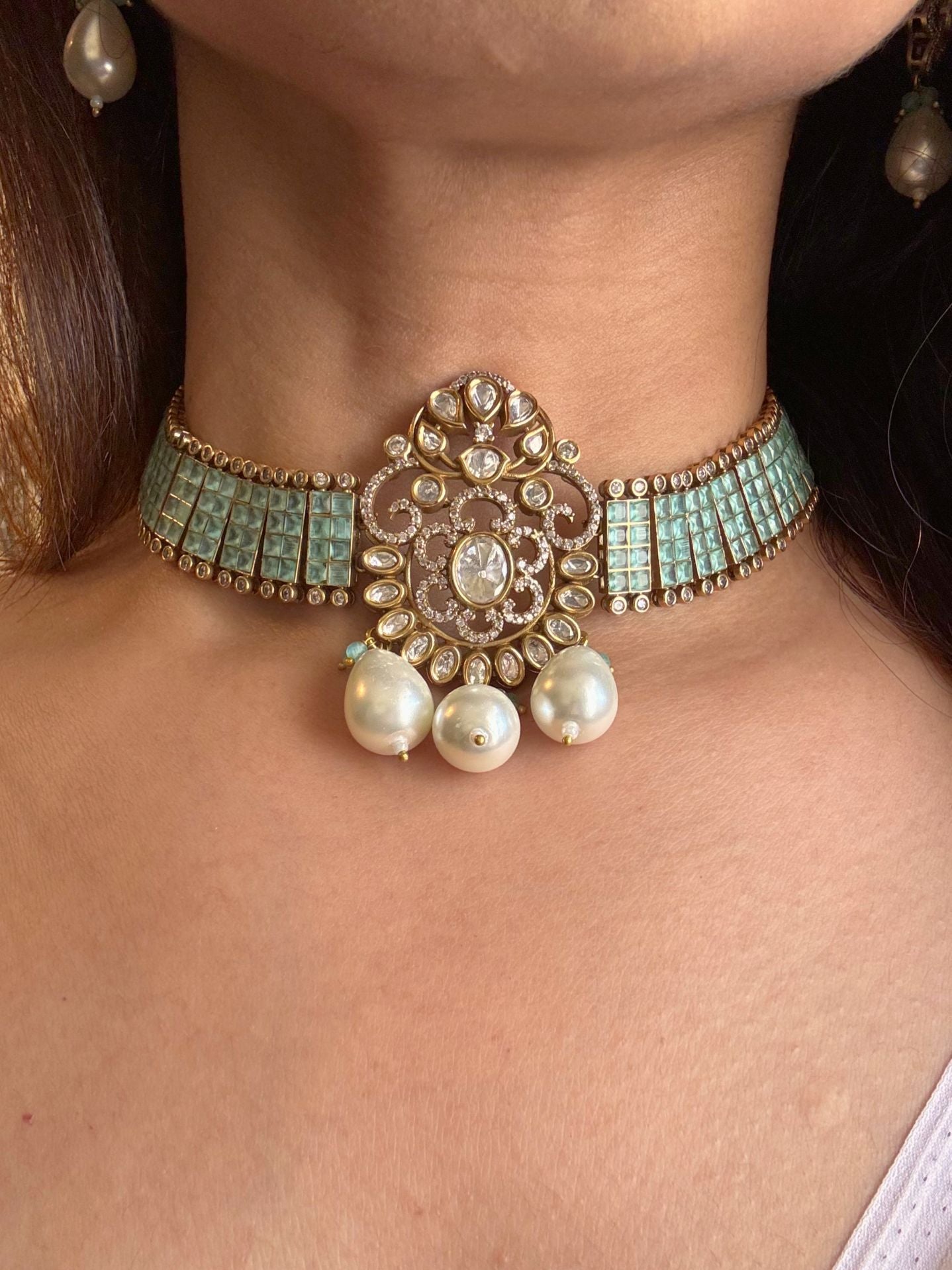 Buy Rajsi Doublet Stone Pearl Premium Kundan Choker Necklace Set online in India. Shop from an exclusive range of jewellery, AD necklace, Kundan necklace for weddings. -first