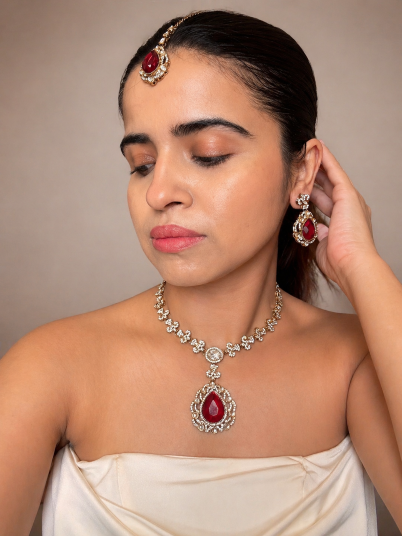 Buy Ruhani Red Stone AD Kundan Necklace Set With Tikka online in India. Shop from an exclusive range of jewellery, AD necklace, Kundan necklace for weddings. -full