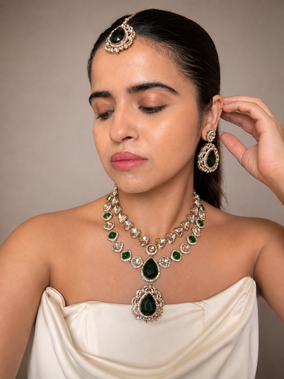 Buy Green Kundan Layered Wedding Necklace Set With Tikka online in India. Shop from an exclusive range of jewellery, AD necklace, Kundan necklace for weddings. -full