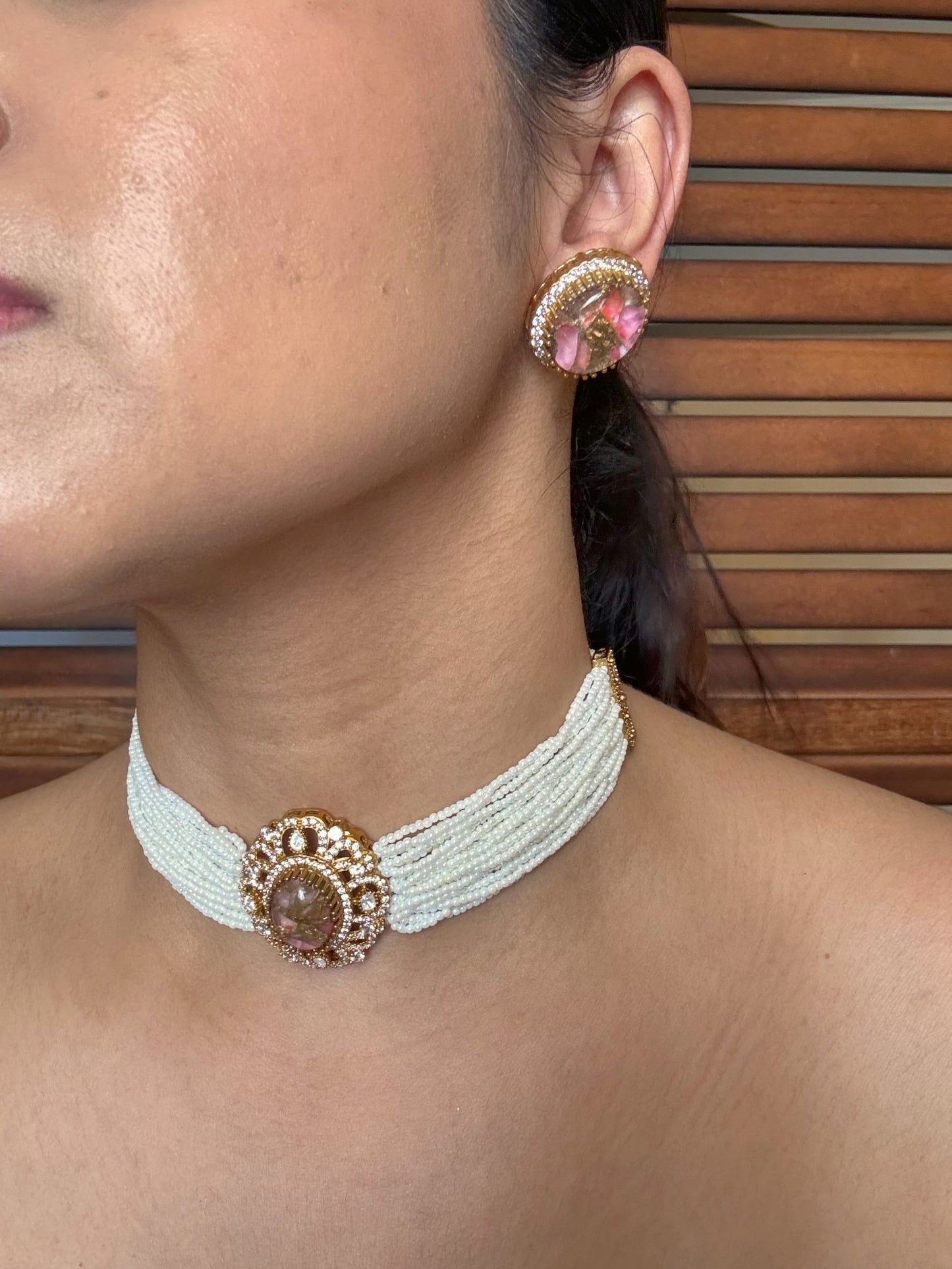 Buy Royal Pearl Weave Choker with Fire Stone Accent online in India. Shop from an exclusive range of jewellery, AD necklace, Kundan necklace for weddings. -full