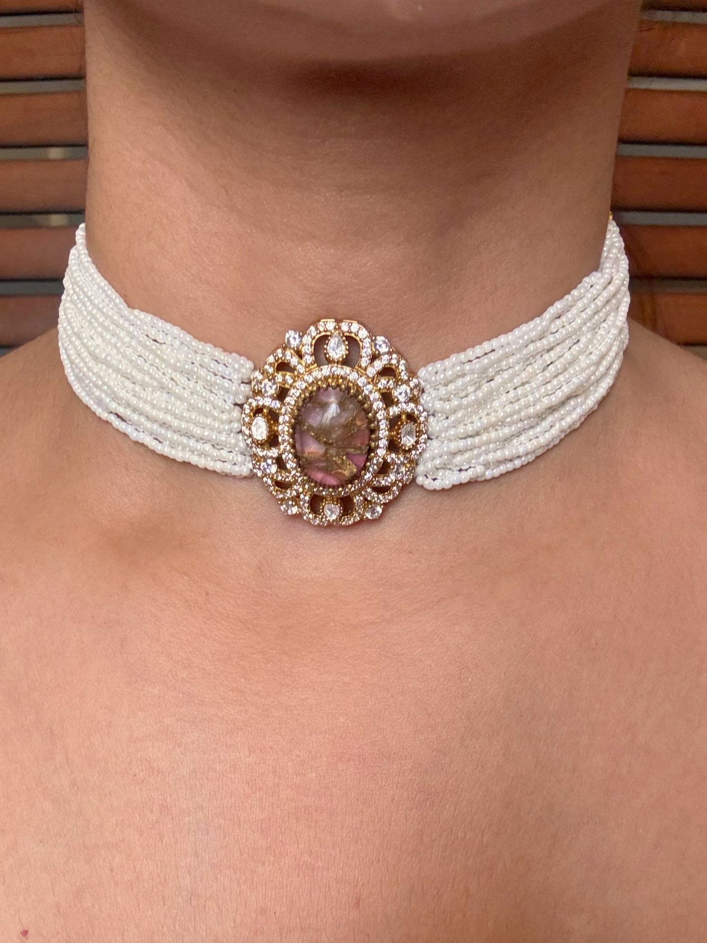 Buy Royal Pearl Weave Choker with Fire Stone Accent online in India. Shop from an exclusive range of jewellery, AD necklace, Kundan necklace for weddings. -front
