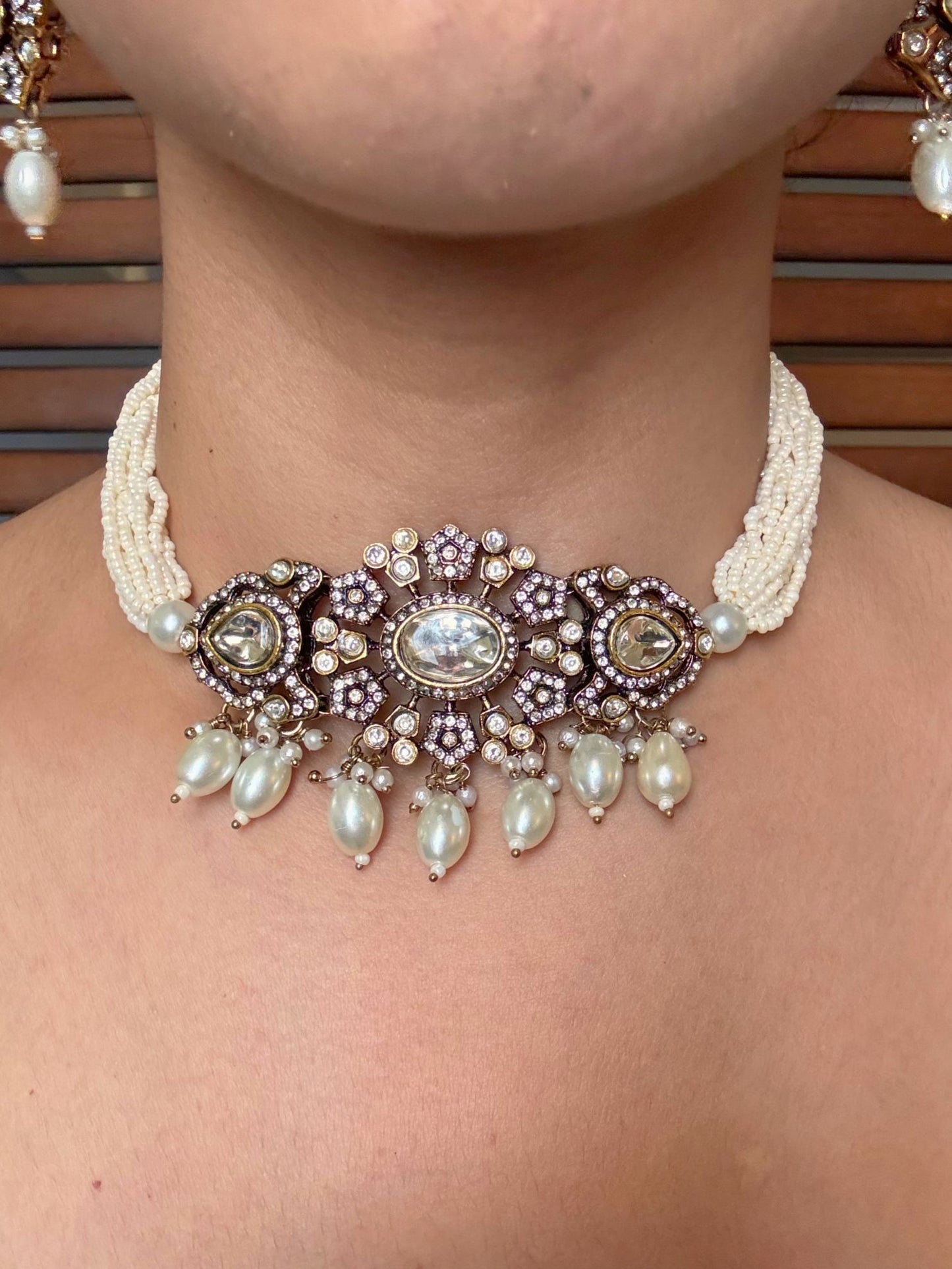 Buy Noor Jahan Kundan Pearl Tassel Drops Choker online in India. Shop from an exclusive range of jewellery, AD necklace, Kundan necklace for weddings. -full