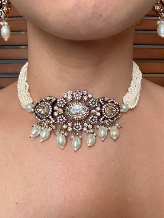 Buy Noor Jahan Kundan Pearl Tassel Drops Choker online in India. Shop from an exclusive range of jewellery, AD necklace, Kundan necklace for weddings. -full