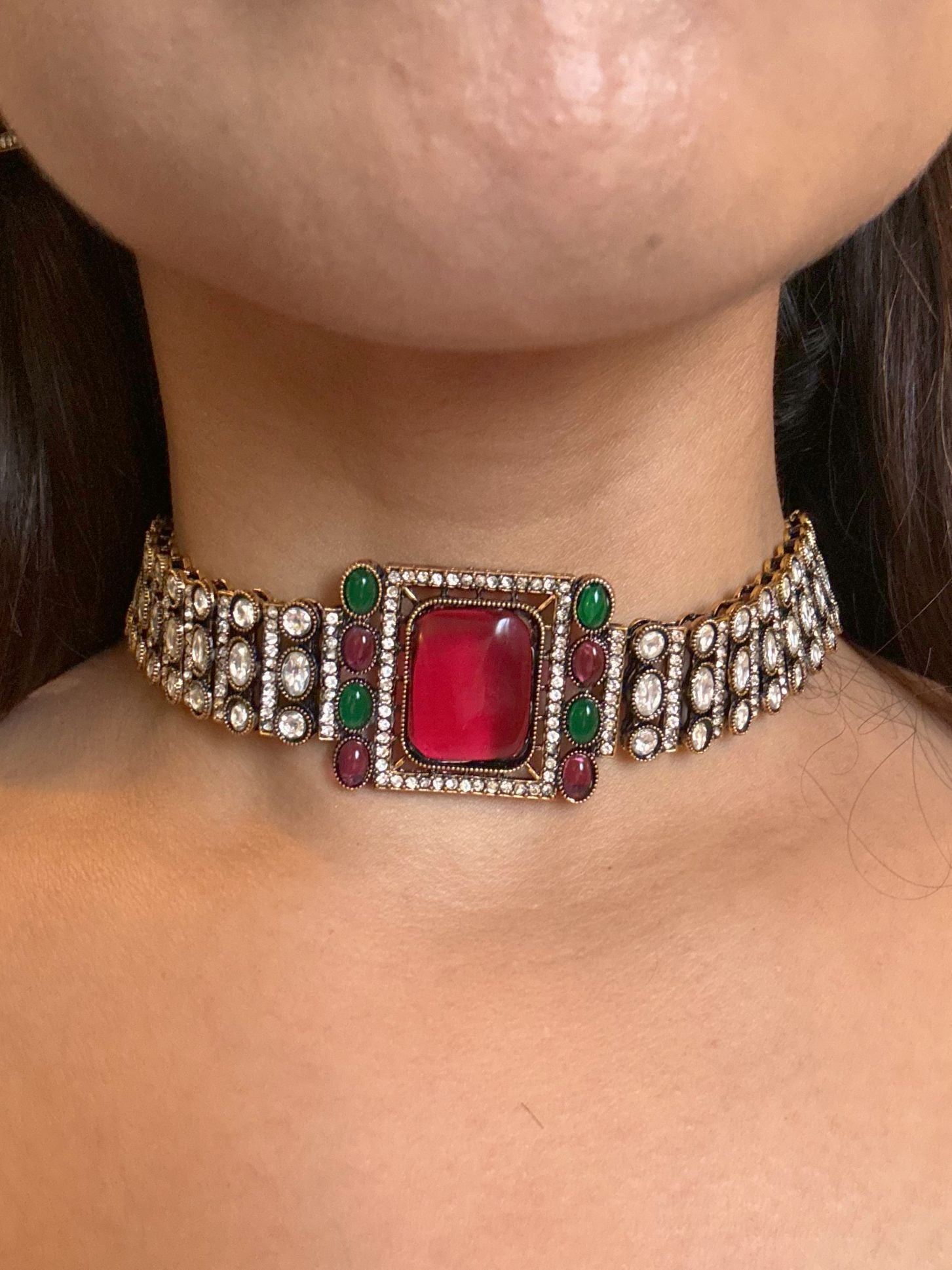 Buy Regal Pink Moissanite Choker With Stud Earrings online in India. Shop from an exclusive range of jewellery, AD necklace, Kundan necklace for weddings. -front