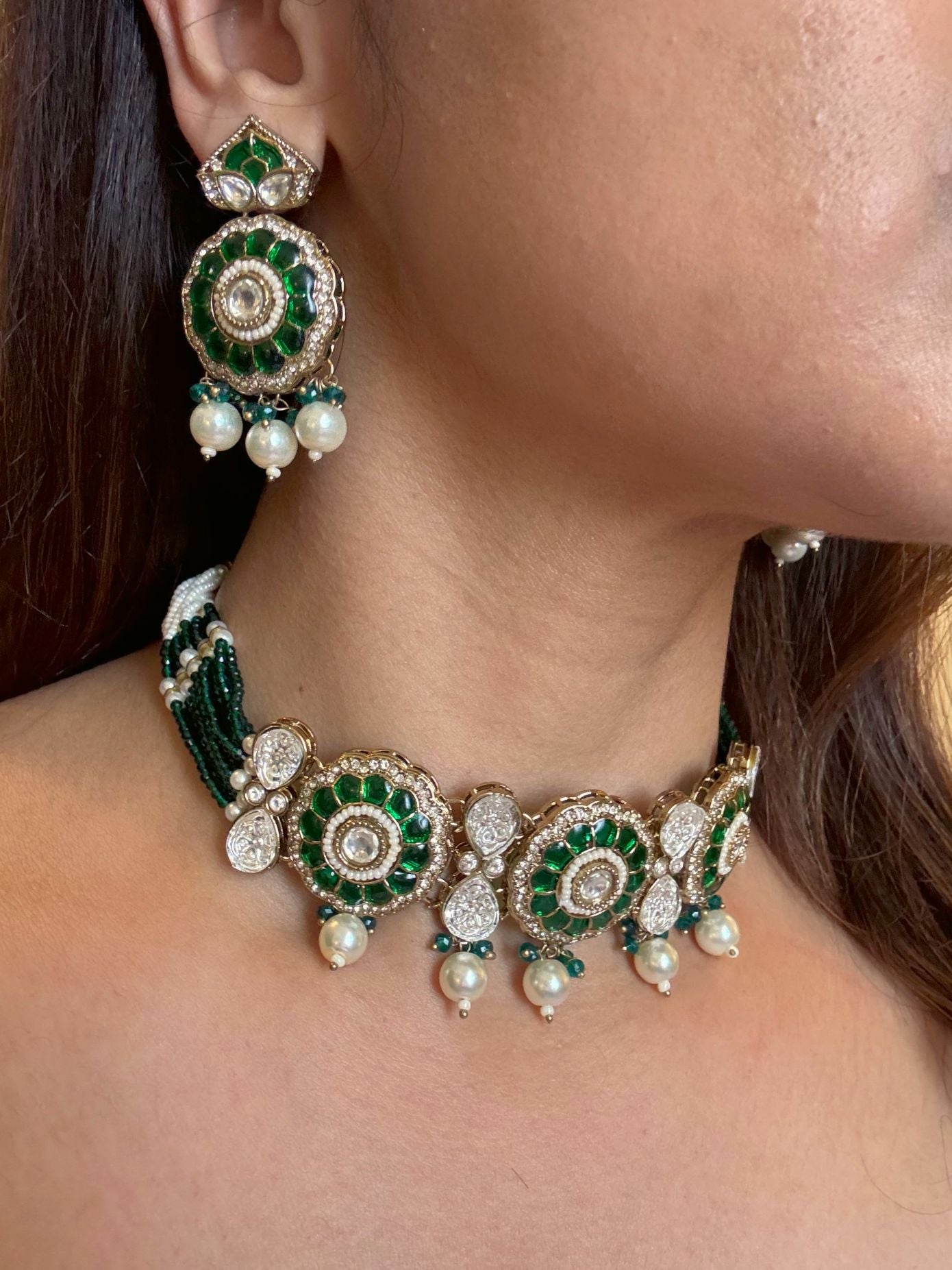 Buy Meenakari Pearl Royale Choker Set With Floral Earrings online in India. Shop from an exclusive range of jewellery, AD necklace, Kundan necklace for weddings. -side