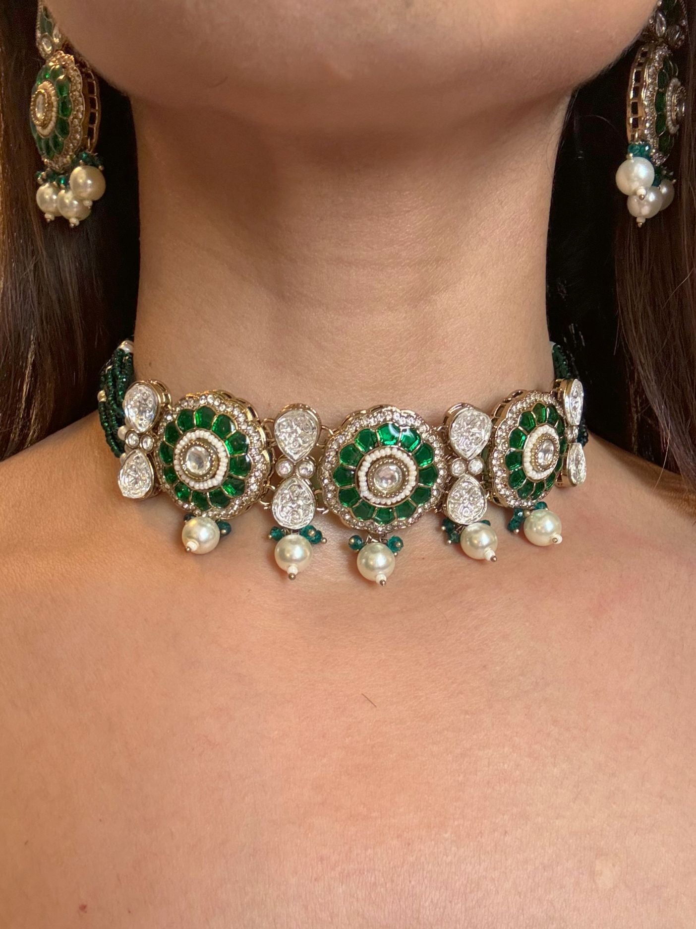 Buy Meenakari Pearl Royale Choker Set With Floral Earrings online in India. Shop from an exclusive range of jewellery, AD necklace, Kundan necklace for weddings. -full