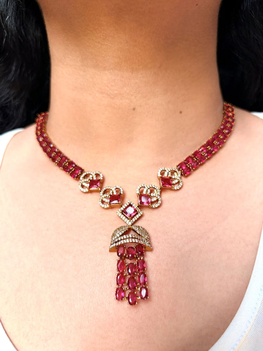 Buy Sheesh Mahal Antique Gold Statement Necklace Set In Red online in India. Shop from an exclusive range of jewellery, AD necklace, Kundan necklace for weddings. -full