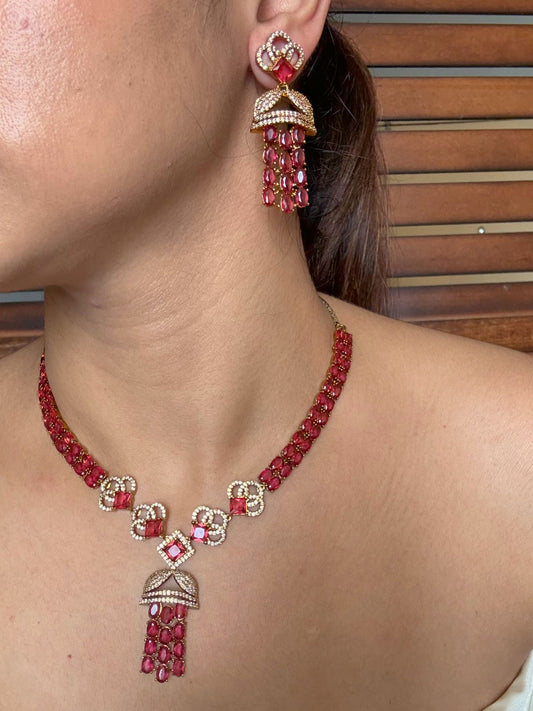 Buy Sheesh Mahal Antique Gold Statement Necklace Set In Red online in India. Shop from an exclusive range of jewellery, AD necklace, Kundan necklace for weddings. -side
