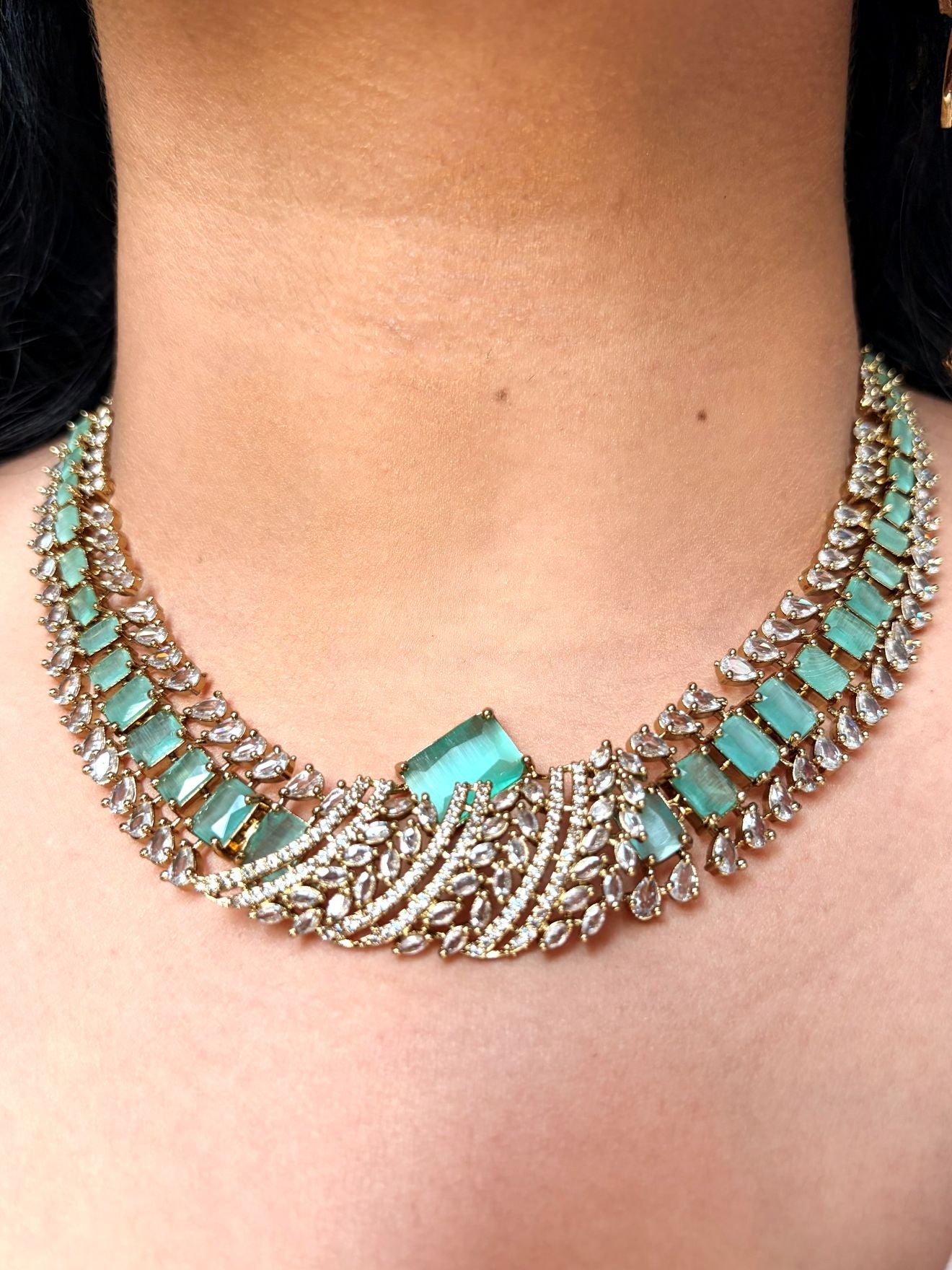 Buy Zarisha Royal AD Necklace and Earrings Set In Mint Green online in India. Shop from an exclusive range of jewellery, AD necklace, Kundan necklace for weddings. -front