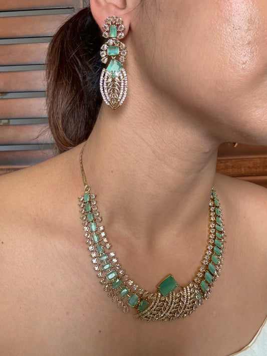 Buy Zarisha Royal AD Necklace and Earrings Set In Mint Green online in India. Shop from an exclusive range of jewellery, AD necklace, Kundan necklace for weddings. -side