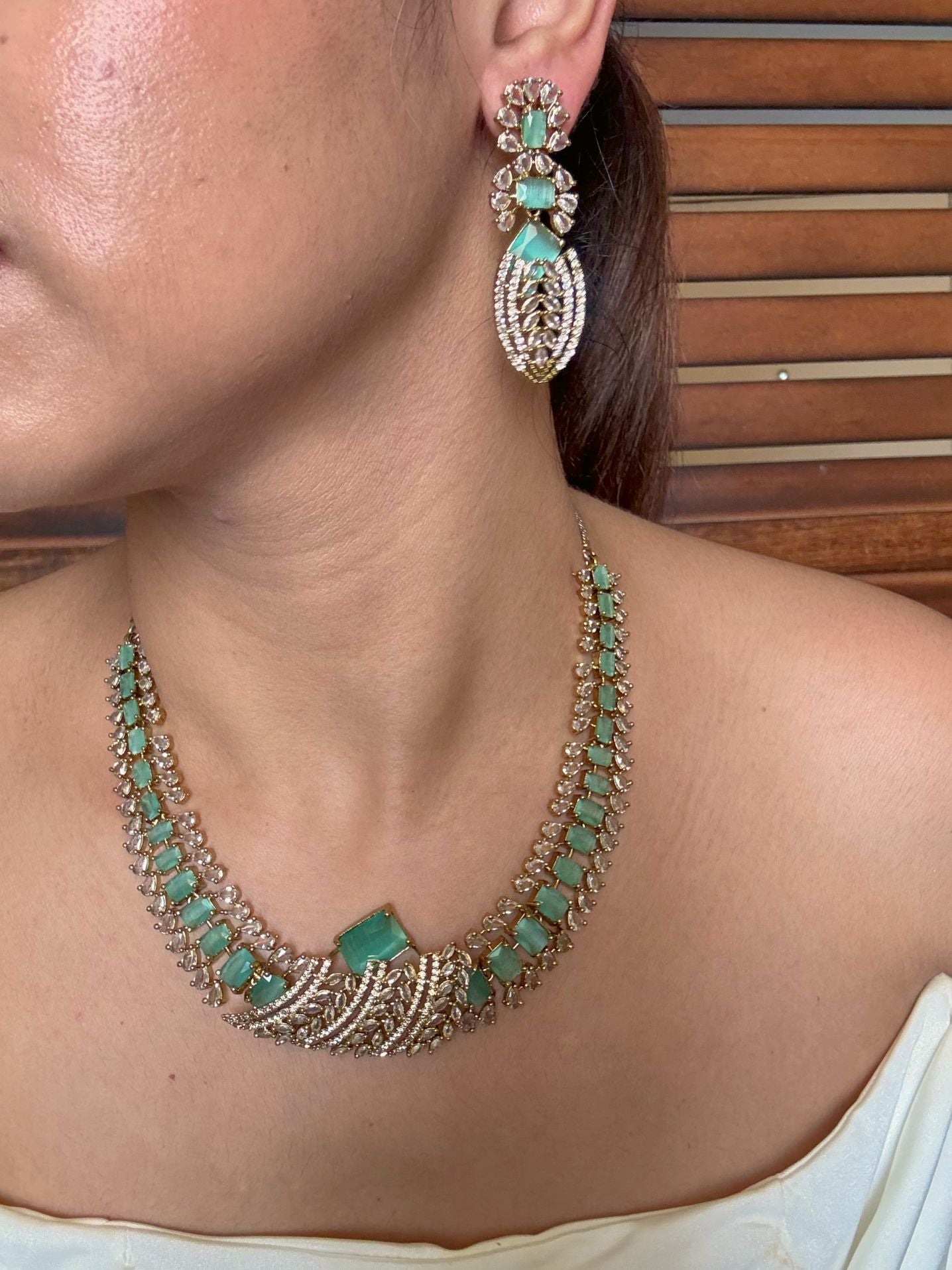 Buy Zarisha Royal AD Necklace and Earrings Set In Mint Green online in India. Shop from an exclusive range of jewellery, AD necklace, Kundan necklace for weddings. -second