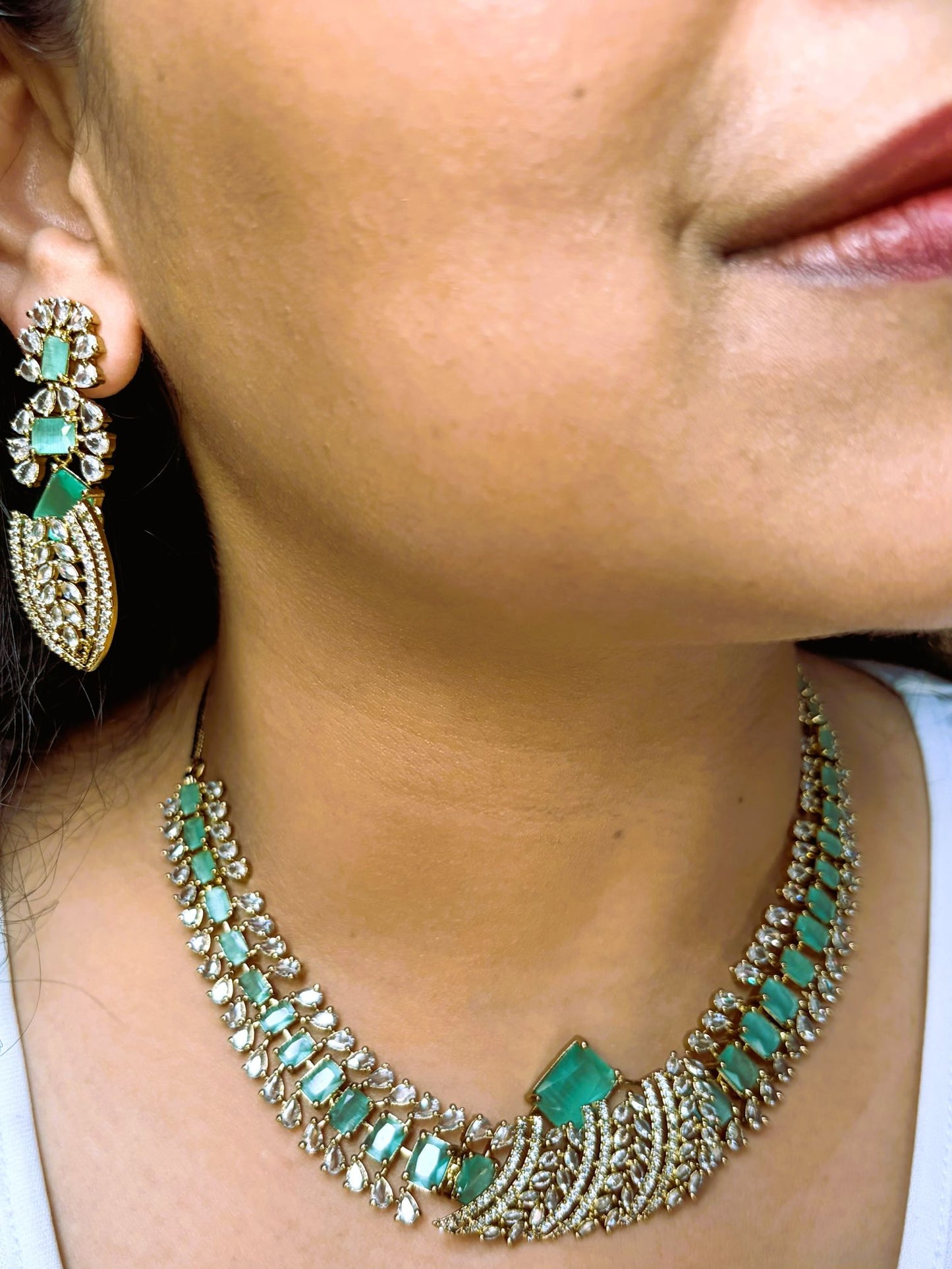 Buy Zarisha Royal AD Necklace and Earrings Set In Mint Green online in India. Shop from an exclusive range of jewellery, AD necklace, Kundan necklace for weddings. -second