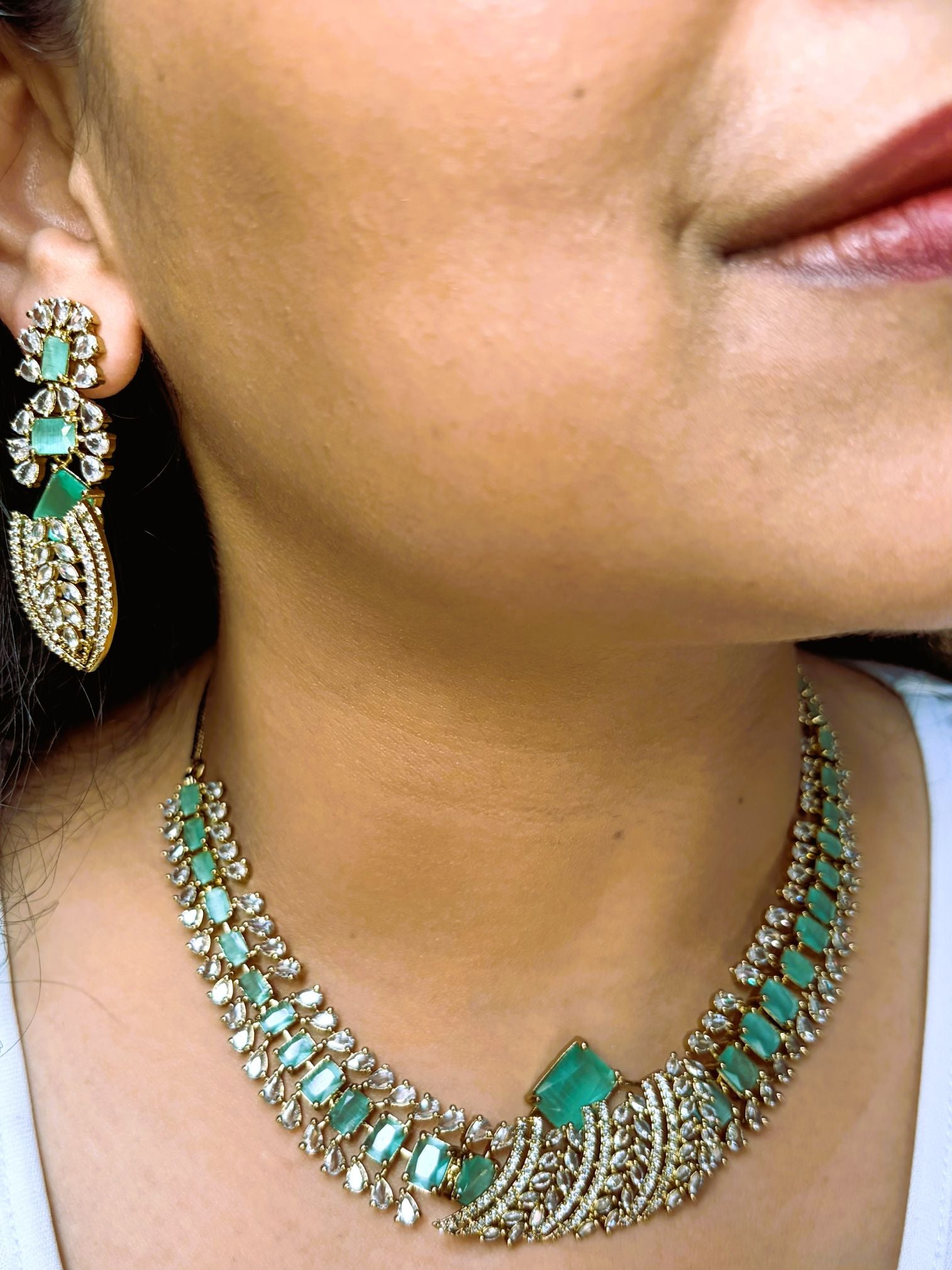 Buy Zarisha Royal AD Necklace and Earrings Set In Mint Green online in India. Shop from an exclusive range of jewellery, AD necklace, Kundan necklace for weddings. -second