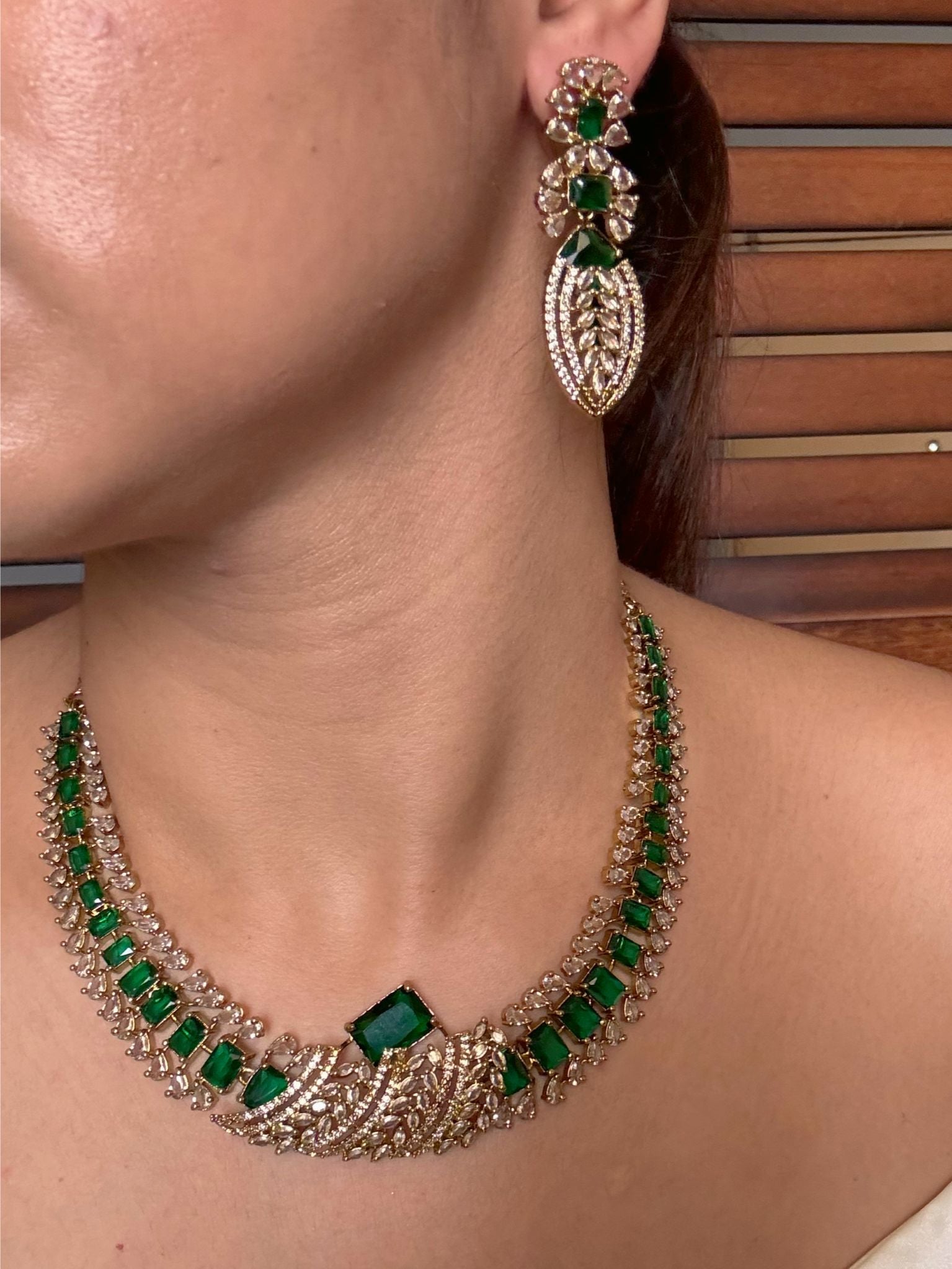 Buy Zarisha Royal AD Necklace and Earrings Set In Emerald Green online in India. Shop from an exclusive range of jewellery, AD necklace, Kundan necklace for weddings. -second