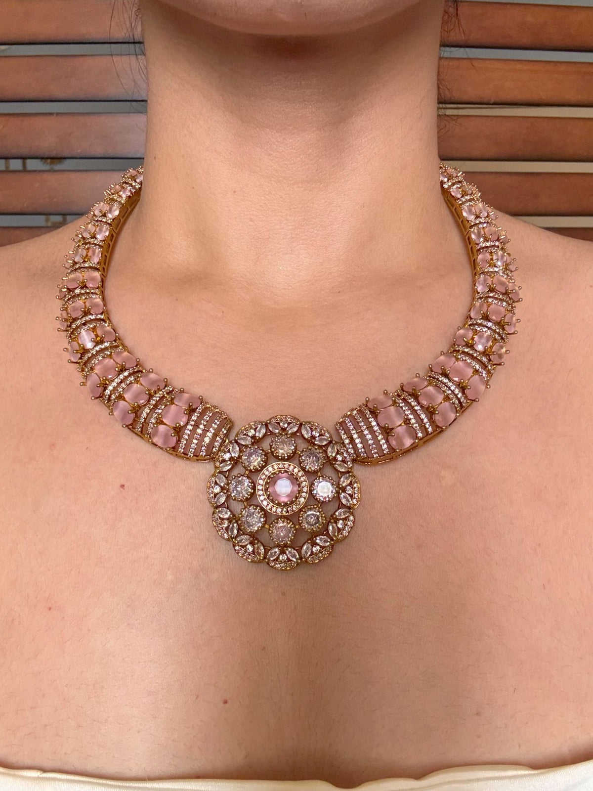 Buy Aarunya Blush Pink Hasli AD Necklace With Studs online in India. Shop from an exclusive range of jewellery, AD necklace, Kundan necklace for weddings.-first