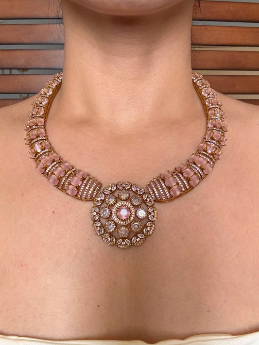 Buy Aarunya Blush Pink Hasli AD Necklace With Studs online in India. Shop from an exclusive range of jewellery, AD necklace, Kundan necklace for weddings.-first