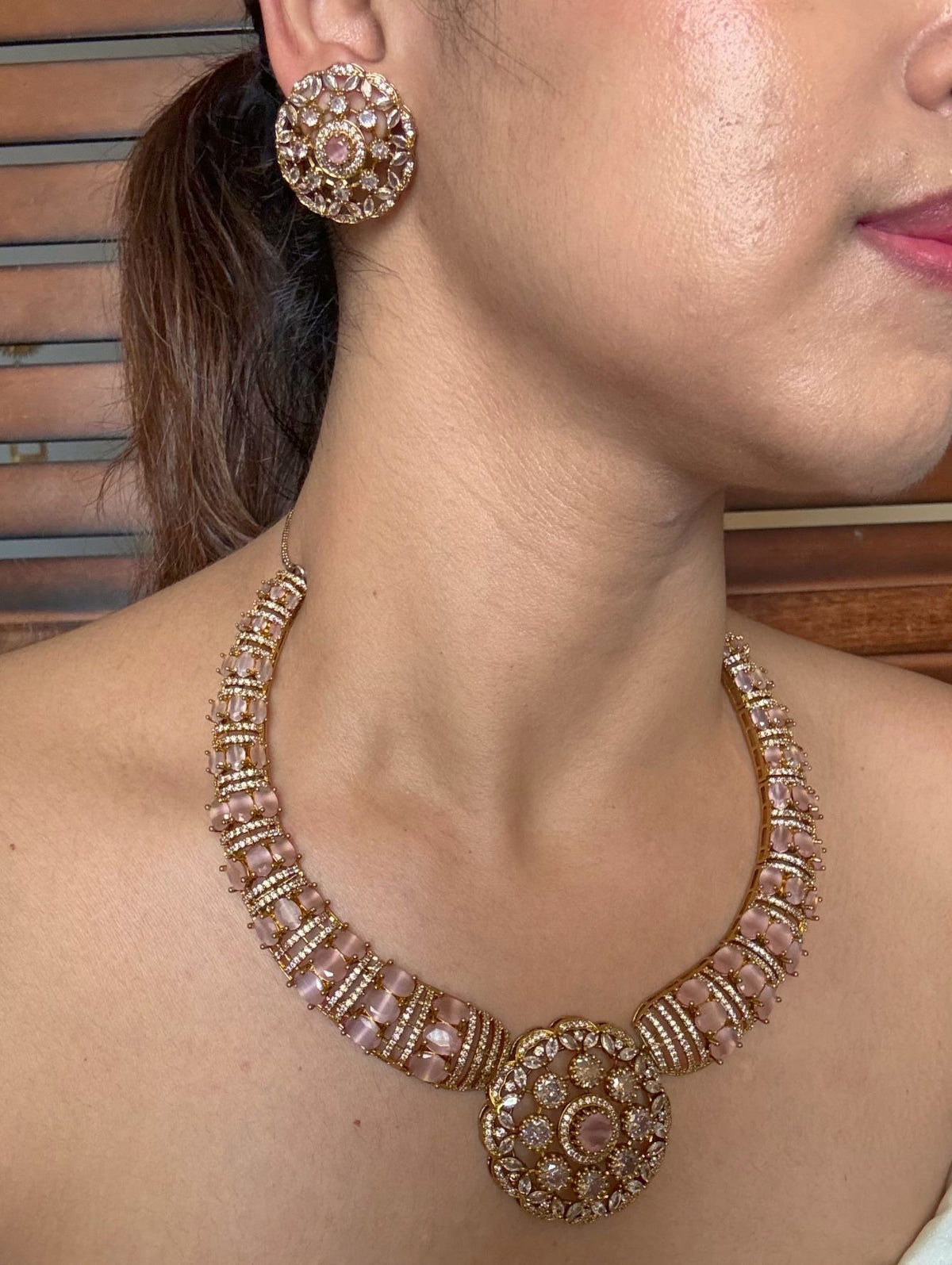 Buy Aarunya Blush Pink Hasli AD Necklace With Studs online in India. Shop from an exclusive range of jewellery, AD necklace, Kundan necklace for weddings -side