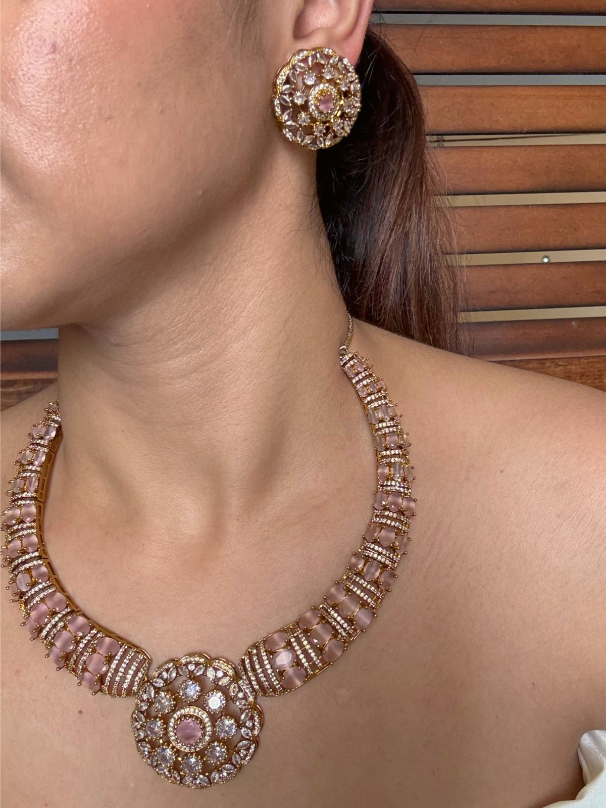 Buy Aarunya Blush Pink Hasli AD Necklace With Studs online in India. Shop from an exclusive range of jewellery, AD necklace, Kundan necklace for weddings. -second