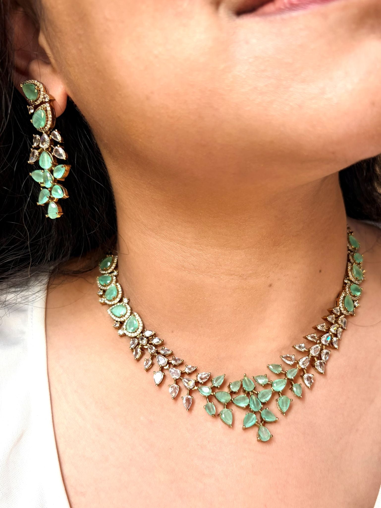 Buy Aadhira Shahi Sparkle Necklace Set In Mint Green online in India. Shop from an exclusive range of jewellery, AD necklace, Kundan necklace for weddings. -side