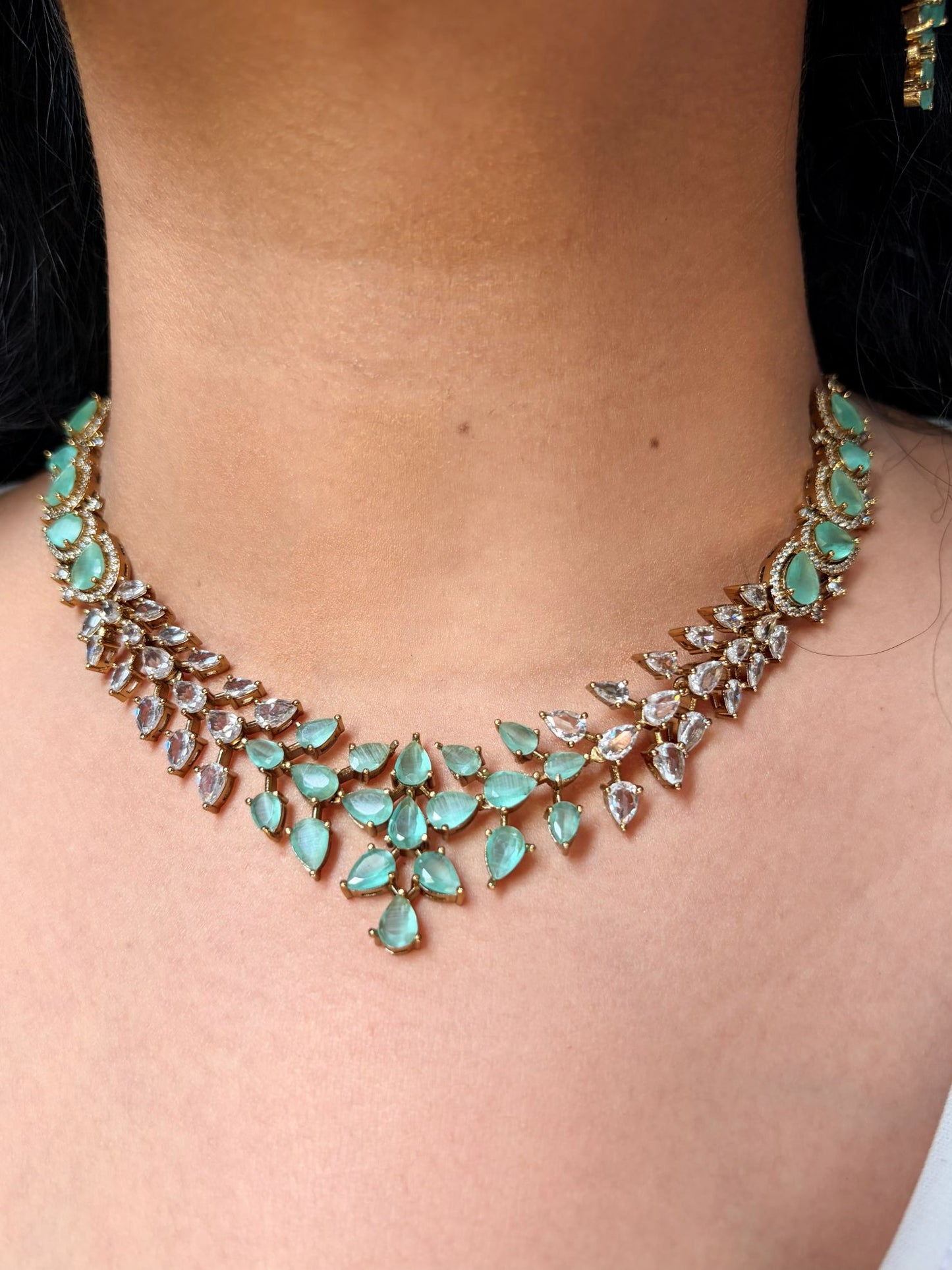 Buy Aadhira Shahi Sparkle Necklace Set In Mint Green online in India. Shop from an exclusive range of jewellery, AD necklace, Kundan necklace for weddings. -front