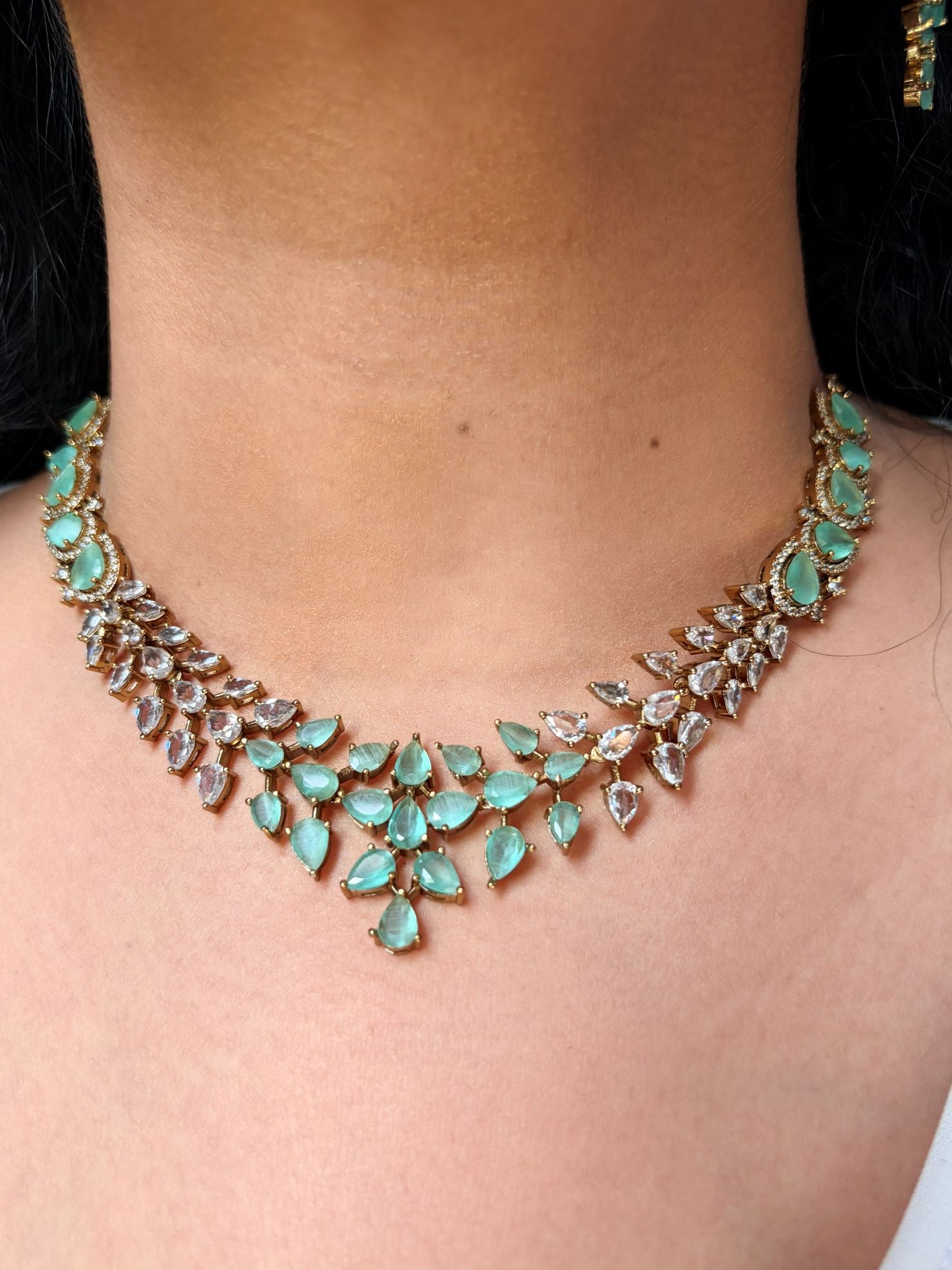 Buy Aadhira Shahi Sparkle Necklace Set In Mint Green online in India. Shop from an exclusive range of jewellery, AD necklace, Kundan necklace for weddings. -front
