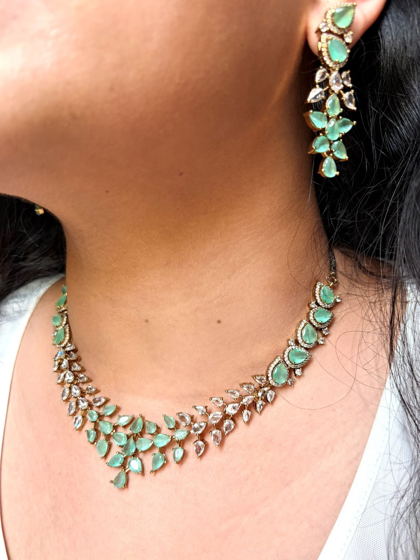 Buy Aadhira Shahi Sparkle Necklace Set In Mint Green online in India. Shop from an exclusive range of jewellery, AD necklace, Kundan necklace for weddings. -second