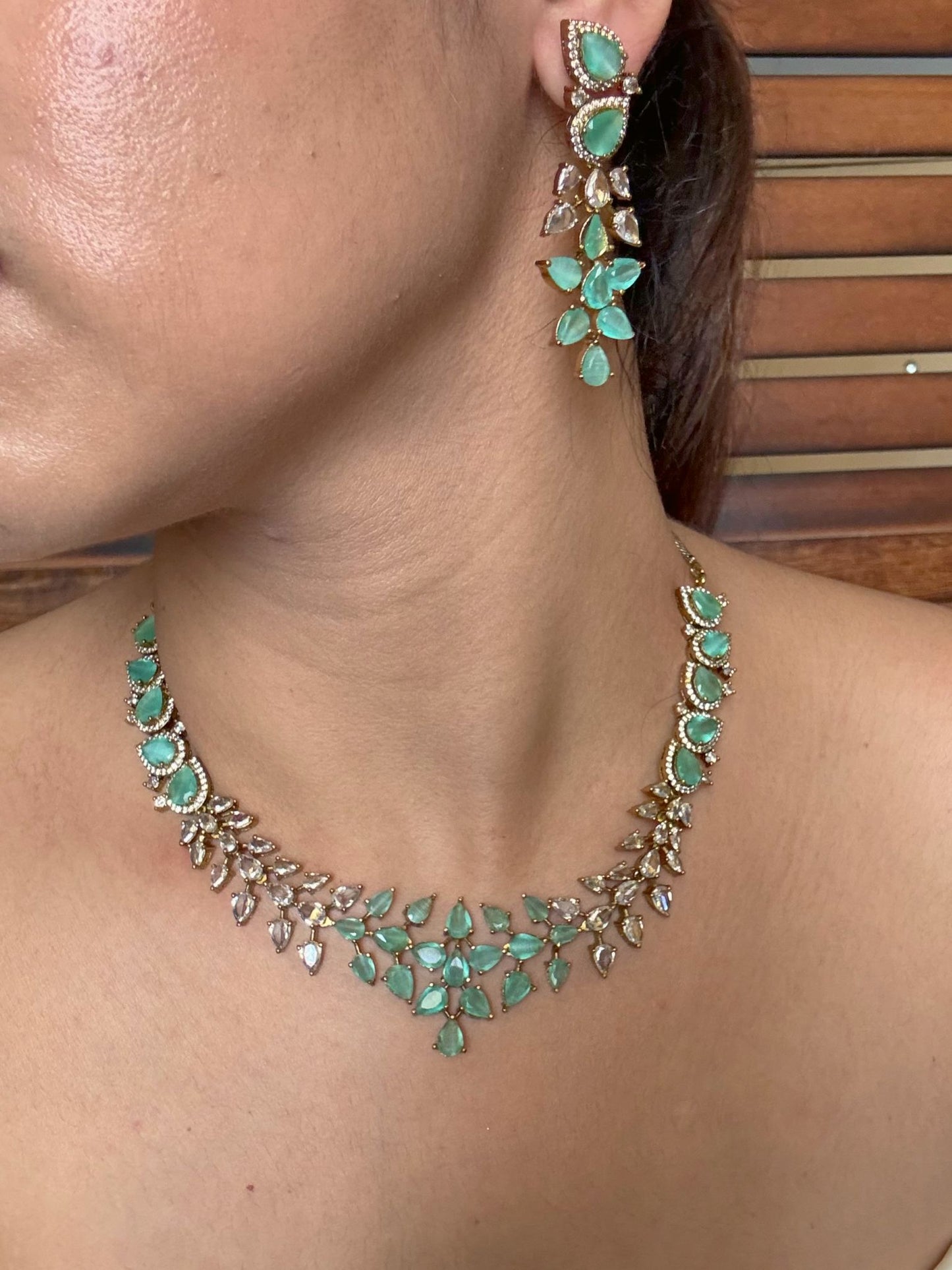 Buy Aadhira Shahi Sparkle Necklace Set In Mint Green online in India. Shop from an exclusive range of jewellery, AD necklace, Kundan necklace for weddings. -full