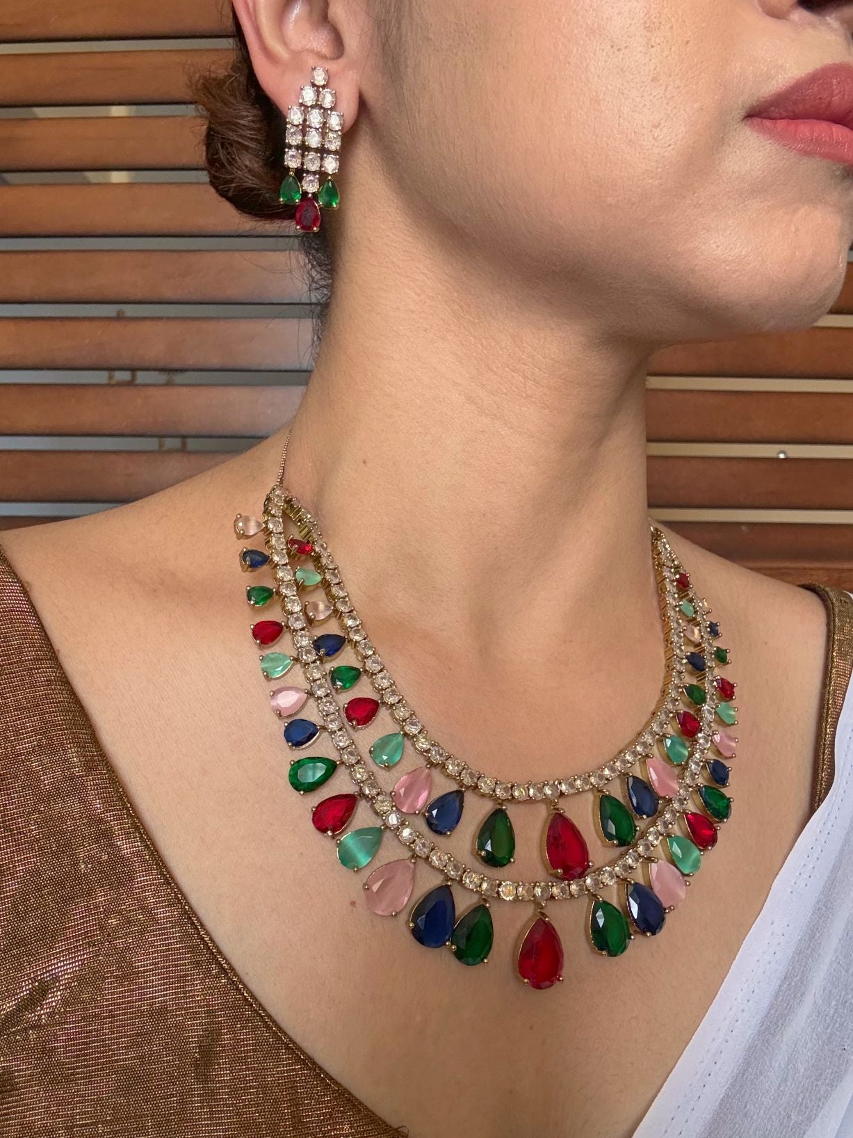 Buy Kiara Noor Heritage Multi-Colored Layered AD  Necklace Set online in India. Shop from an exclusive range of jewellery, AD necklace, Kundan necklace for weddings. -Side