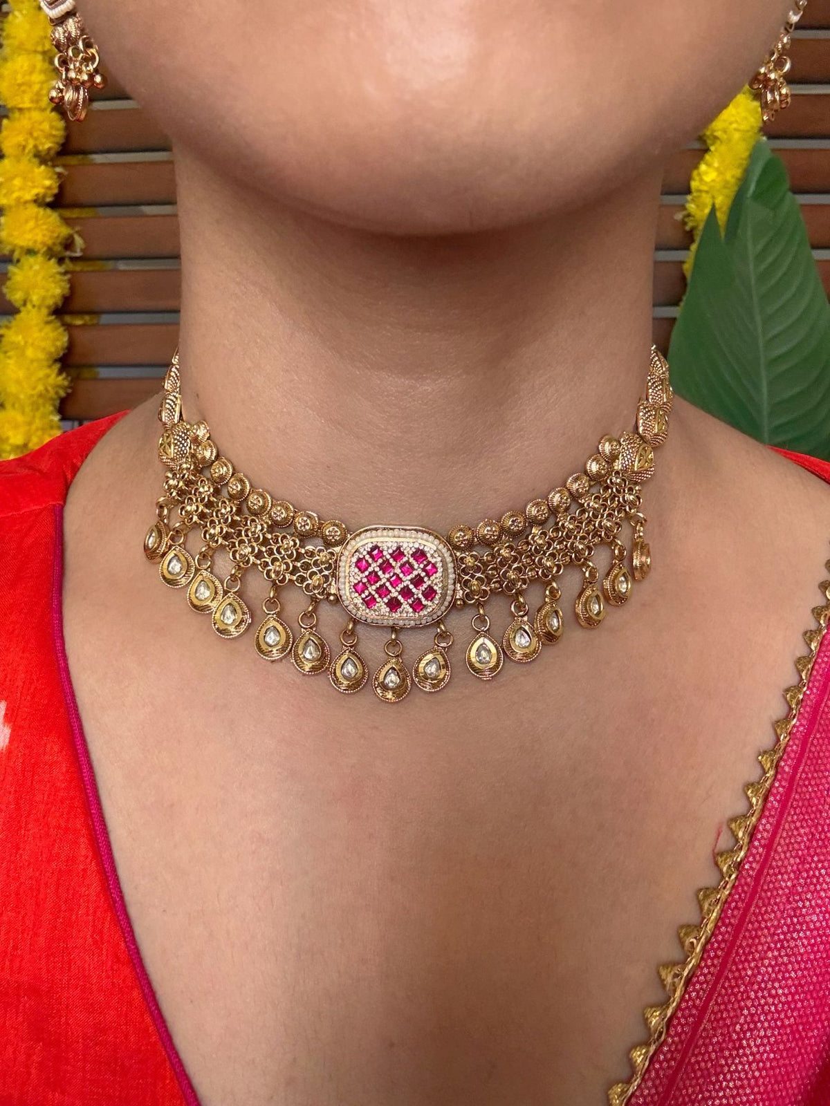 Buy Mrignaini Traditional Gold Necklace online in India. Shop from an exclusive range of jewellery, gold imitation necklace, brass necklace for weddings. -ftont