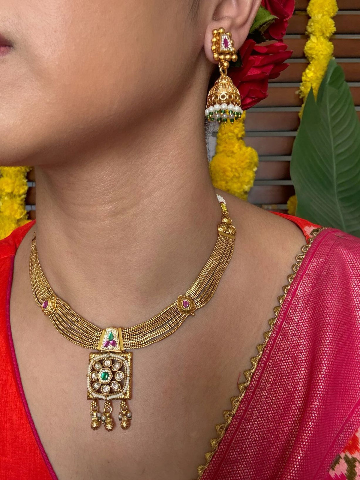 Buy Chandralekha Traditional Gold Chain Necklace Set online in India. Shop from an exclusive range of jewellery, gold imitation necklace, brass necklace for weddings. -side