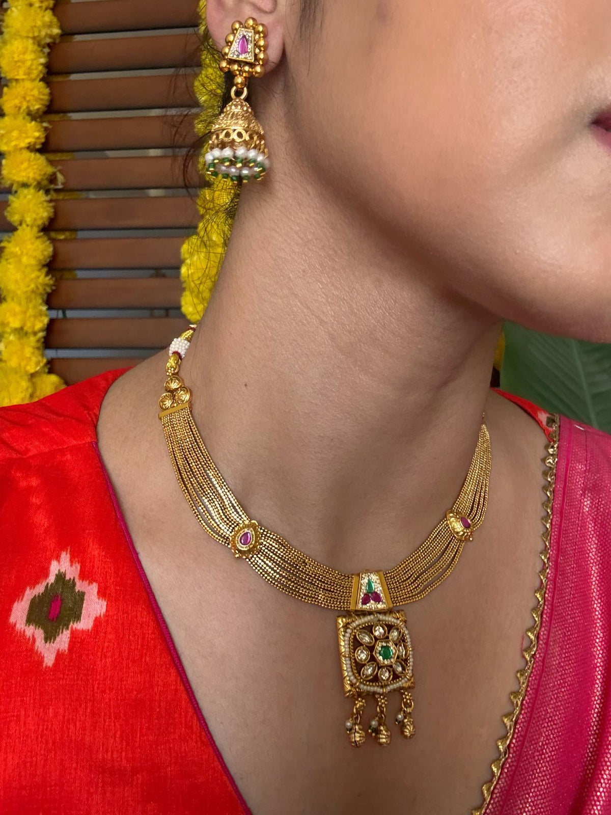 Buy Chandralekha Traditional Gold Chain Necklace Set online in India. Shop from an exclusive range of jewellery, gold imitation necklace, brass necklace for weddings. -second