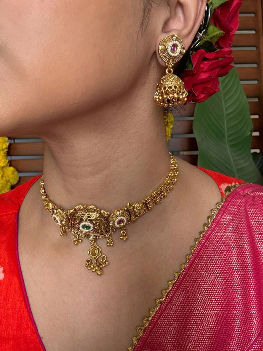 Buy Charulata Traditional Gold Necklace Set With Jhumkis online in India. Shop from an exclusive range of jewellery, gold imitation necklace, brass necklace for weddings. -model