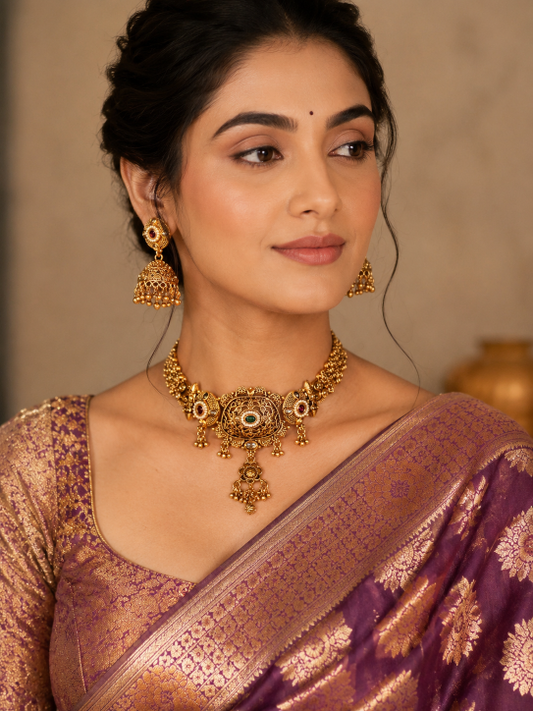 Buy Charulata Traditional Gold Necklace Set With Jhumkis online in India. Shop from an exclusive range of jewellery, gold imitation necklace, brass necklace for weddings. -model