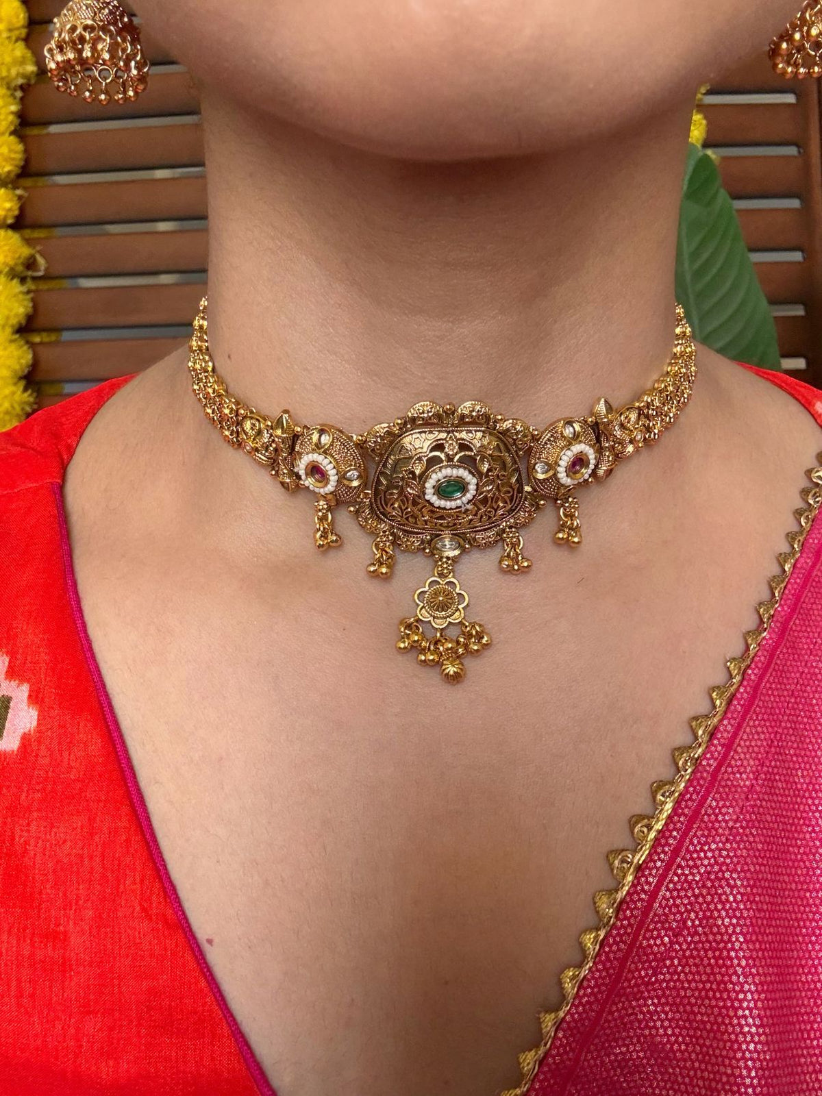 Buy Charulata Traditional Gold Necklace Set With Jhumkis online in India. Shop from an exclusive range of jewellery, gold imitation necklace, brass necklace for weddings. -first