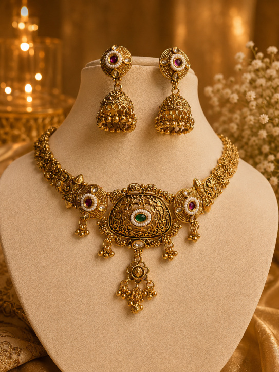 Buy Charulata Traditional Gold Necklace Set With Jhumkis online in India. Shop from an exclusive range of jewellery, gold imitation necklace, brass necklace for weddings. -full