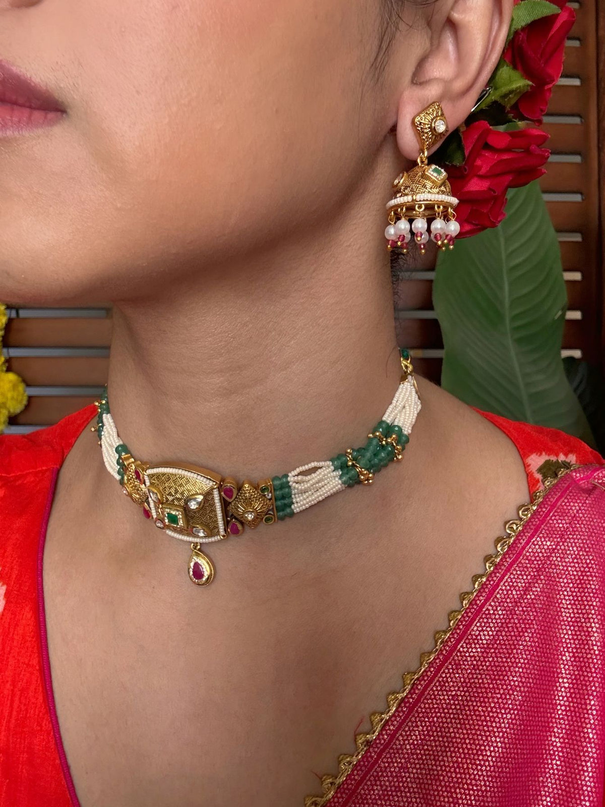 Buy Vasanti Antique Gold Brass Choker With Jhumka online in India. Shop from an exclusive range of jewellery, gold imitation necklace, brass necklace for weddings. -side