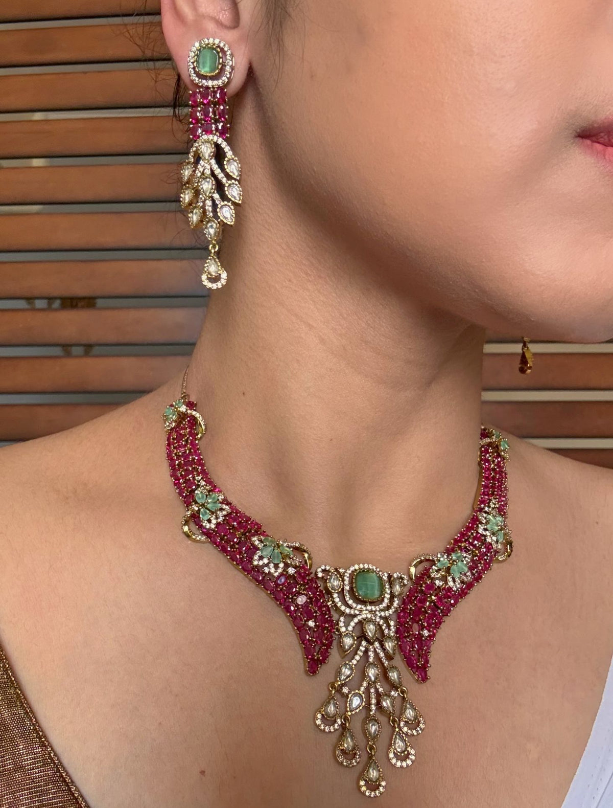 Buy Anasuya Pink Moissanite Necklace With Long Earrings online in India. Shop from an exclusive range of jewellery, AD necklace, Kundan necklace for weddings. -side 