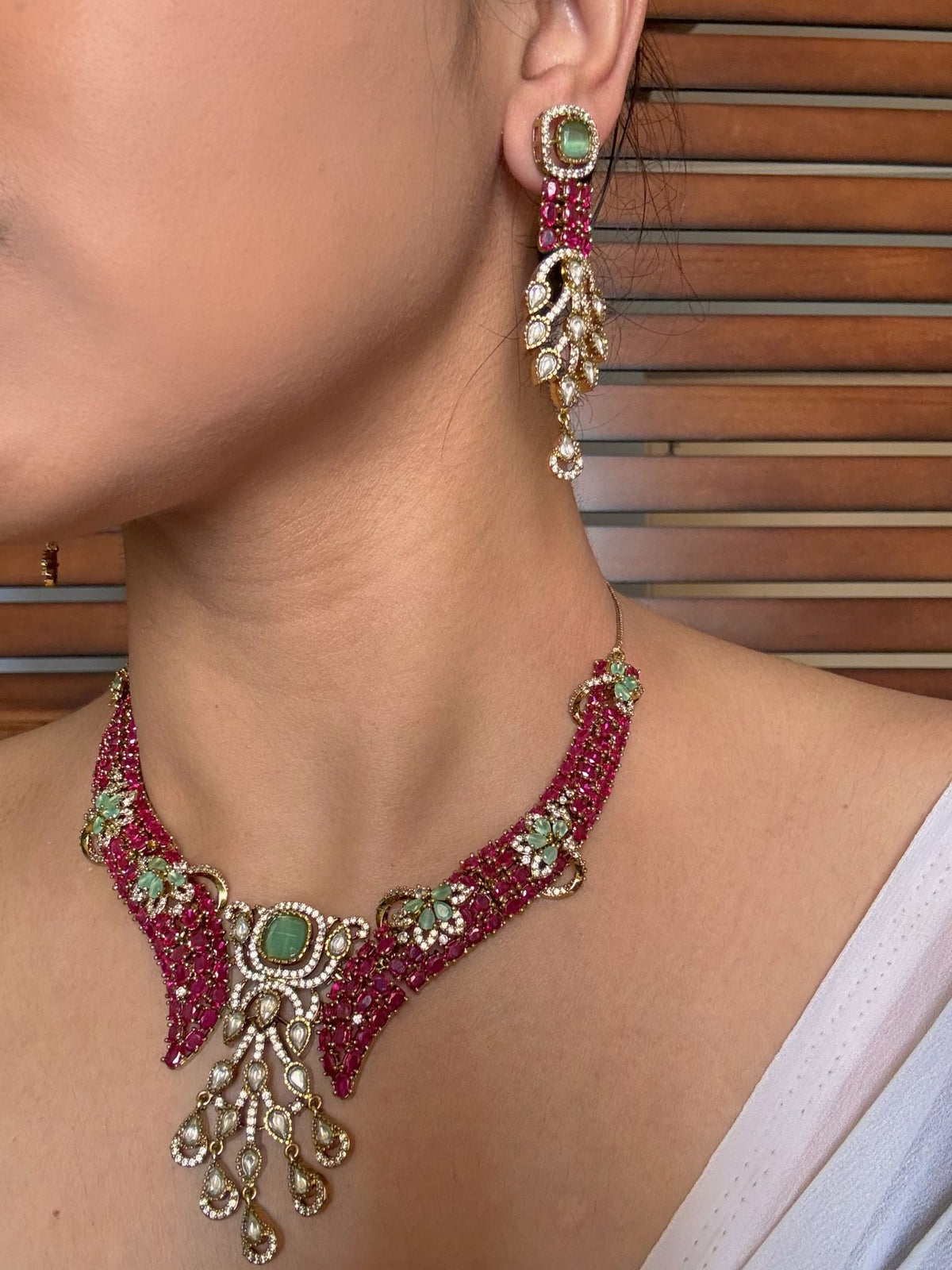 Buy Anasuya Pink Moissanite Necklace With Long Earrings online in India. Shop from an exclusive range of jewellery, AD necklace, Kundan necklace for weddings. -side