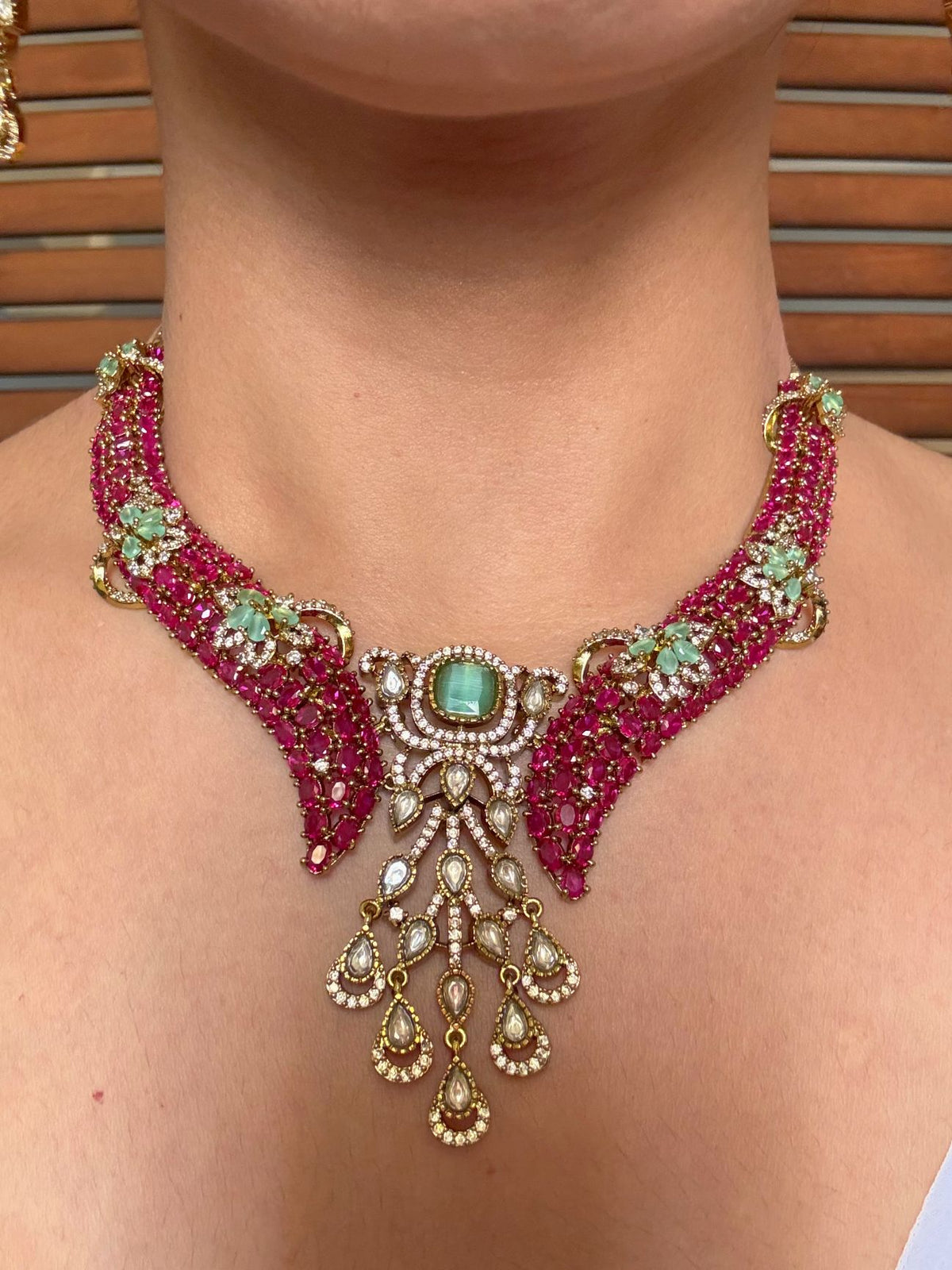Buy Anasuya Pink Moissanite Necklace With Long Earrings online in India. Shop from an exclusive range of jewellery, AD necklace, Kundan necklace for weddings. -front