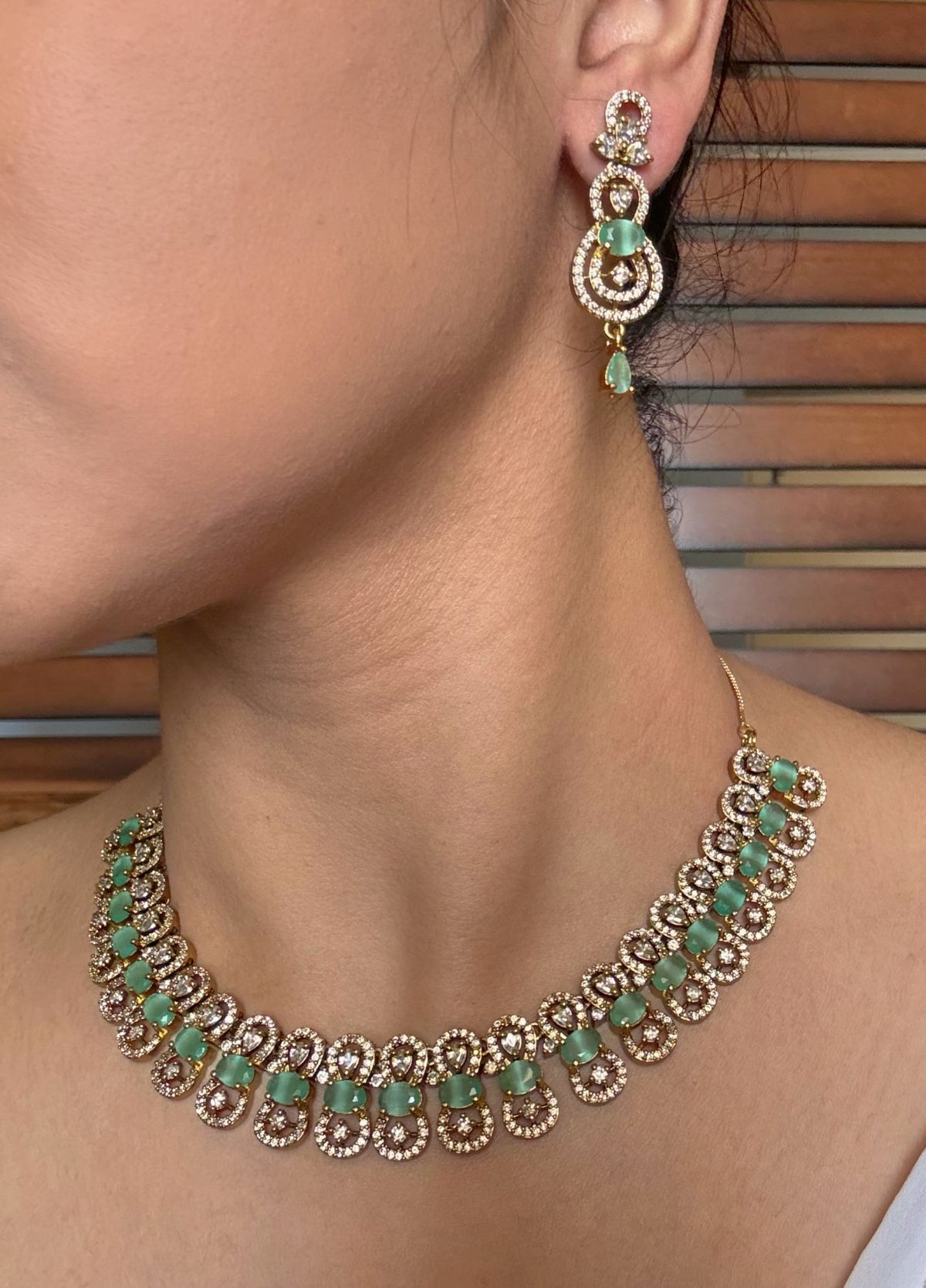 Shop Sharvani Mint Green AD Necklace online in India. Shop from an exclusive range of jewellery, gold imitation necklace, brass necklace for weddings. -side