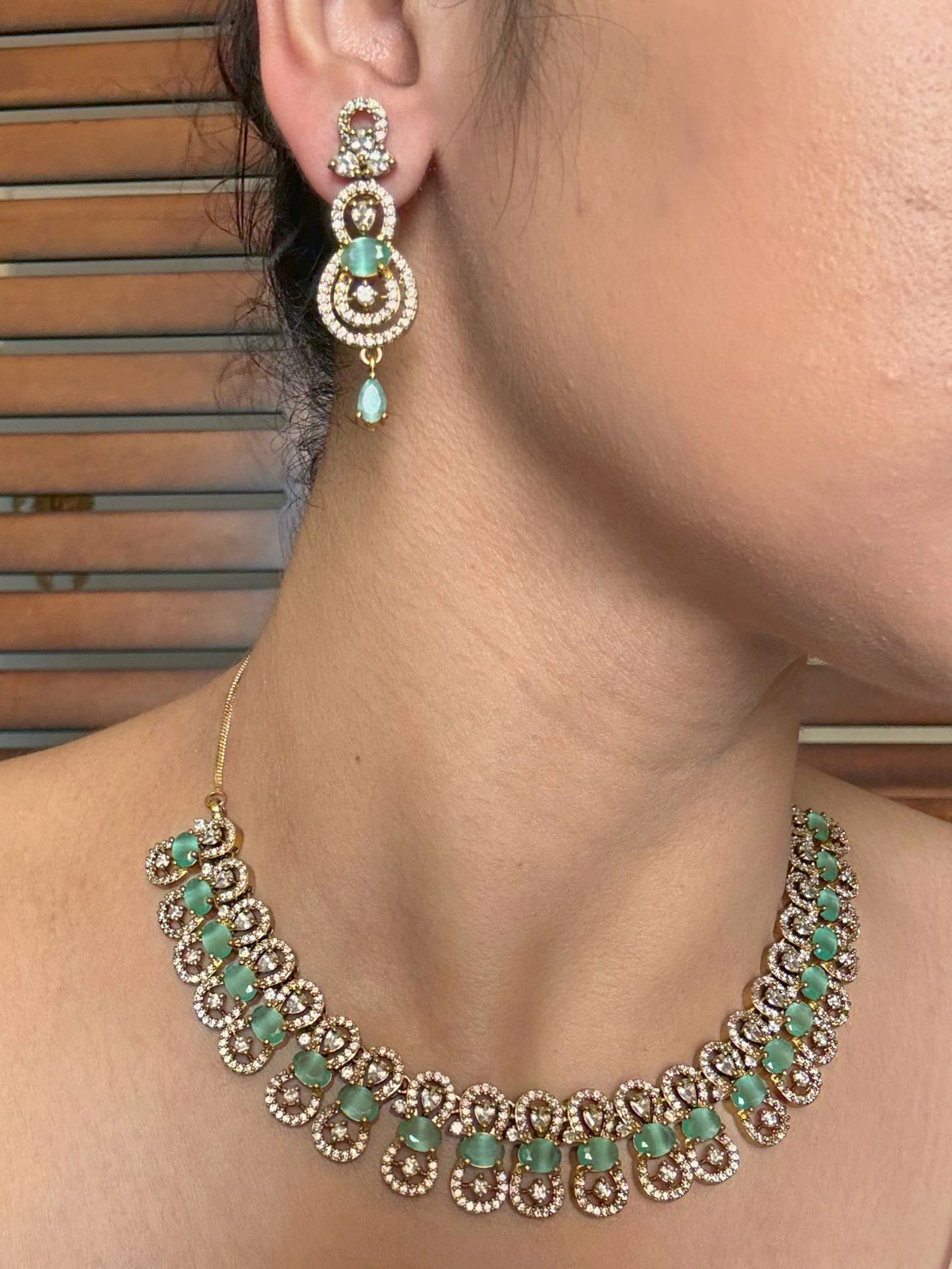 Shop Sharvani Mint Green AD Necklace online in India. Shop from an exclusive range of jewellery, gold imitation necklace, brass necklace for weddings. second 