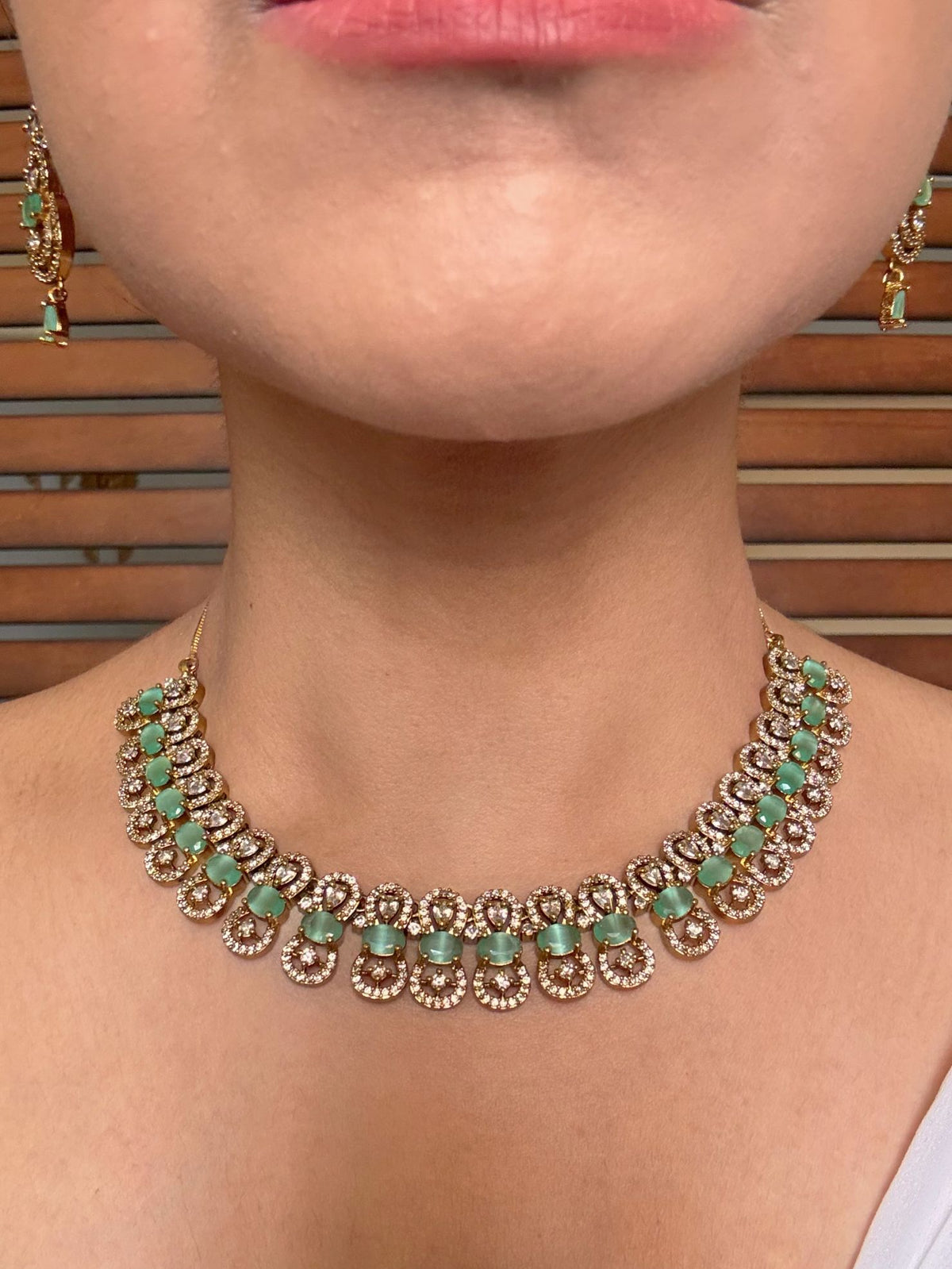 Shop Sharvani Mint Green AD Necklace online in India. Shop from an exclusive range of jewellery, gold imitation necklace, brass necklace for weddings. -front