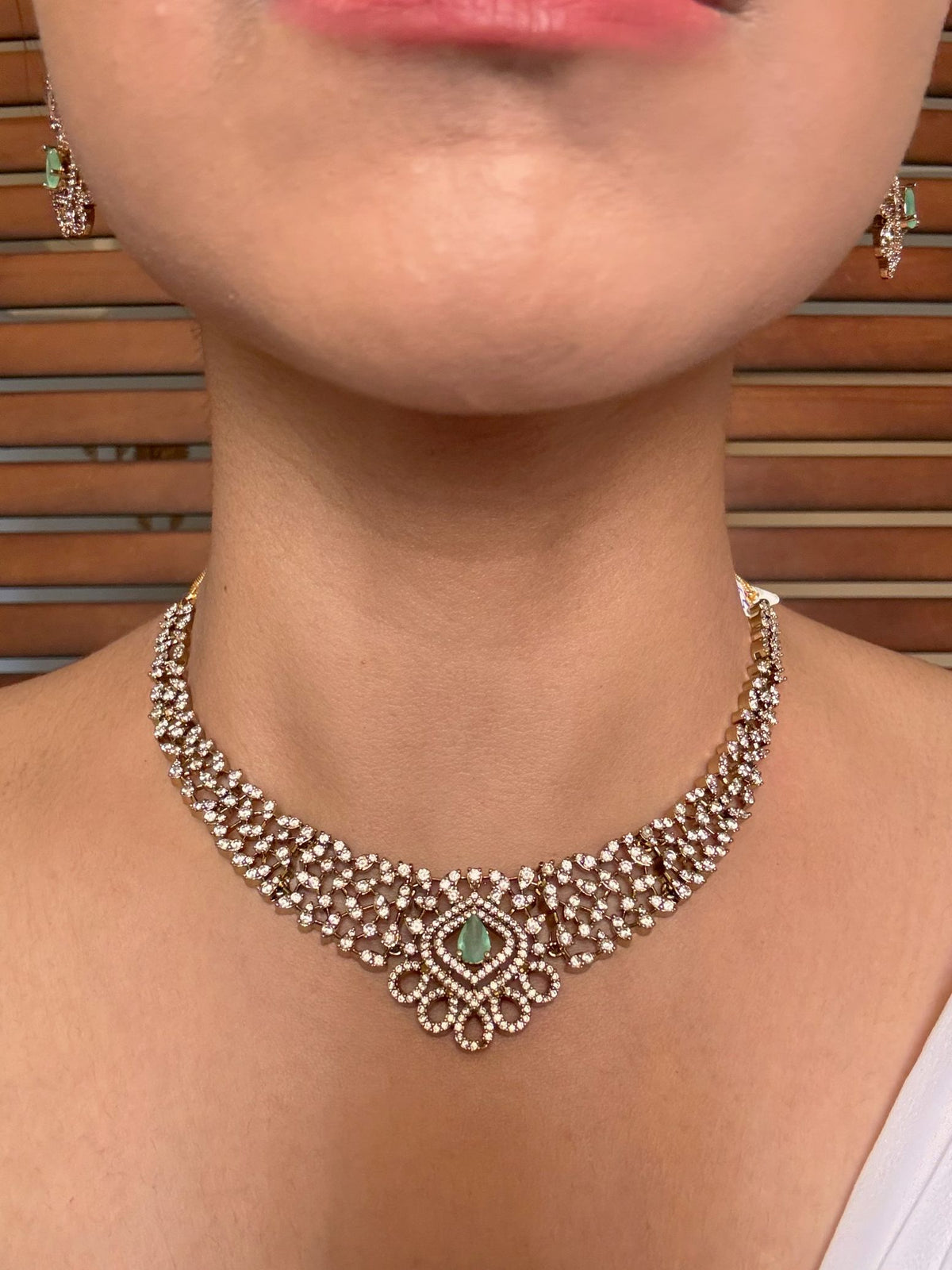 ShopSuganda Elegant AD Necklace In Mint Green With Earrings online in India. Shop from an exclusive range of jewellery, gold imitation necklace, brass necklace for weddings. -front