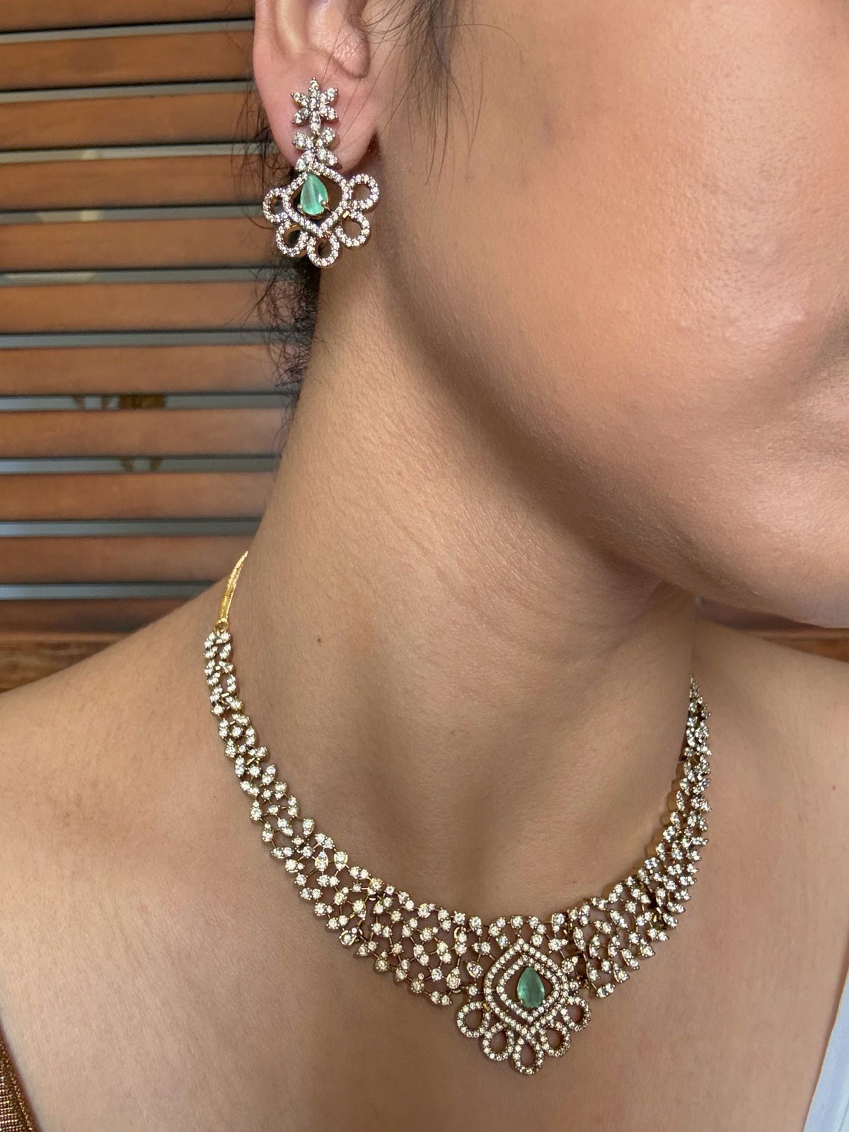 ShopSuganda Elegant AD Necklace In Mint Green With Earrings online in India. Shop from an exclusive range of jewellery, gold imitation necklace, brass necklace for weddings. -side