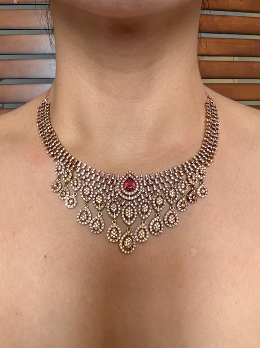 Shop jharna antique AD necklace set online in India in red stone. Shop from an exclusive range of jewellery, AD necklace, Kundan necklace for weddings. -front