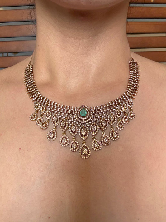 Buy jharna AD necklace set online in India in mint green stone. Shop from an exclusive range of jewellery, AD necklace, Kundan necklace for weddings. -front