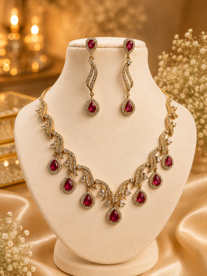 Shop Revati Elegant AD Necklace In Red With Hanging Earrings online in India. Shop from an exclusive range of jewellery, gold imitation necklace, brass necklace for weddings. -front