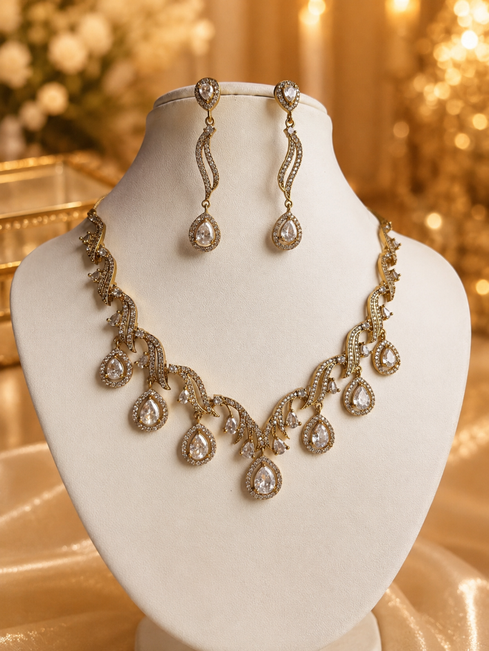 Shop Revati Elegant AD Necklace In White With Hanging Earrings online in India. Shop from an exclusive range of jewellery, gold imitation necklace, brass necklace for weddings. -front