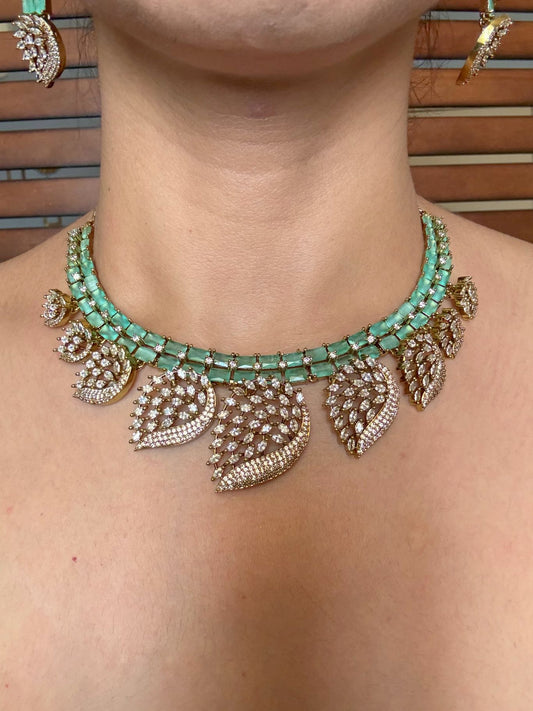 Shop mint green and white AD patra necklace set online in India. Shop from an exclusive range of jewellery, AD necklace, Kundan necklace for weddings. -front